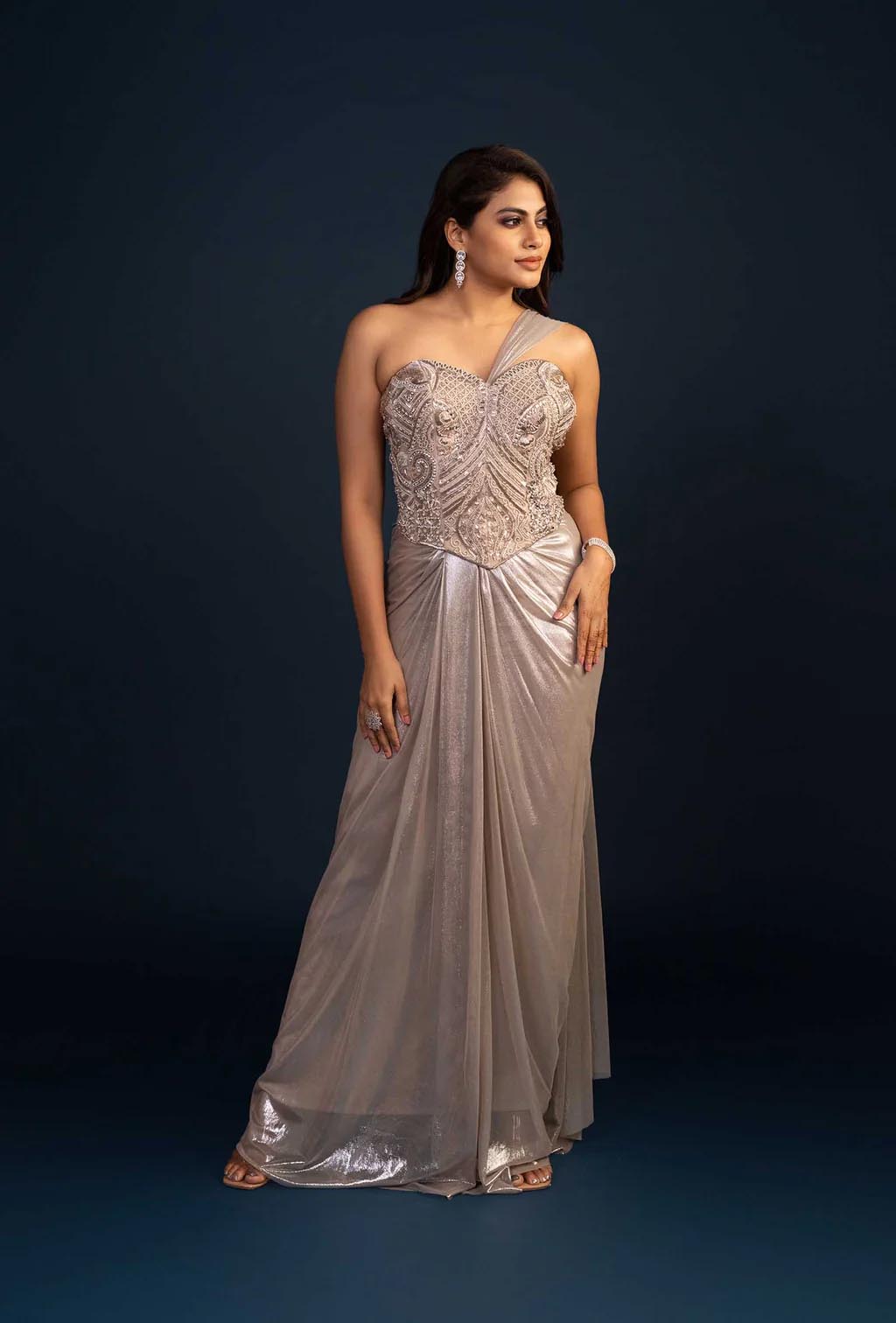 Delphine Waist Emphasizing Corset and Cinched Skirt Set in Metallic Silver