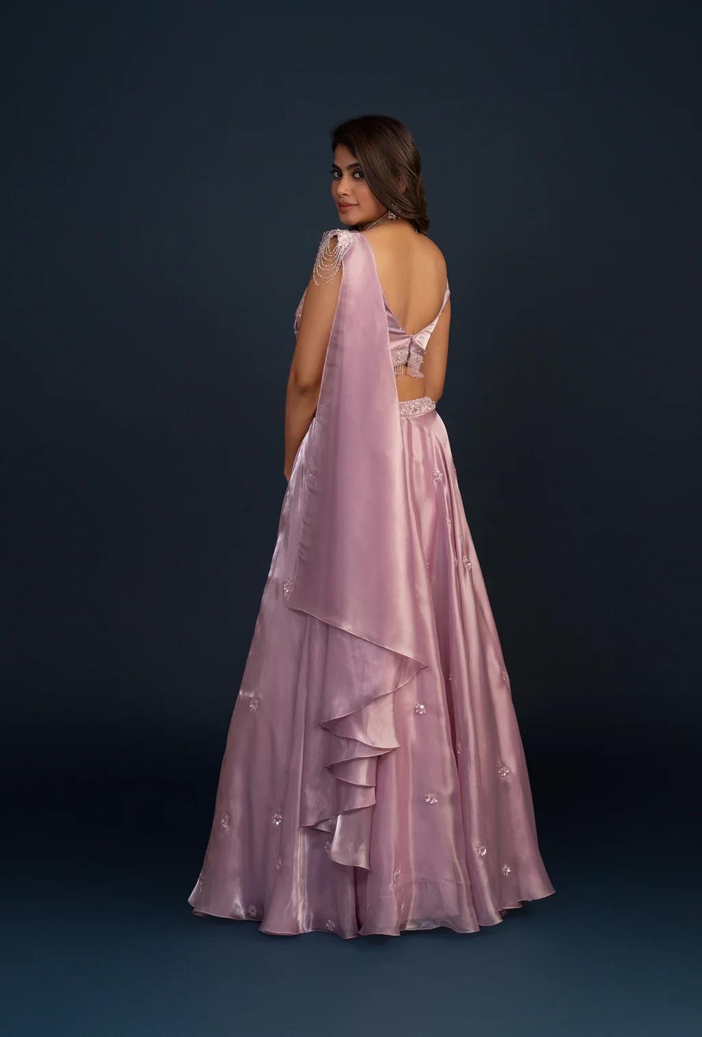 Sakura Lilac Glass Tissue Organza Lehenga Set with attached Dupatta