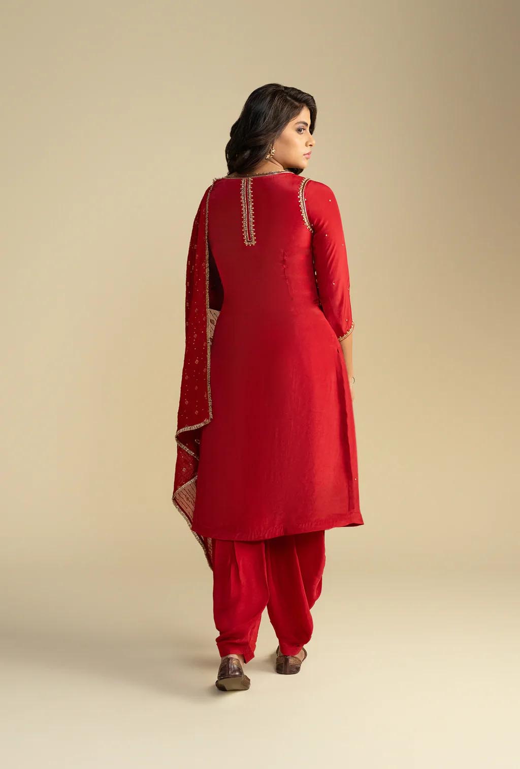 Red Kurta & Dhoti Set With Nakshi Zardozi