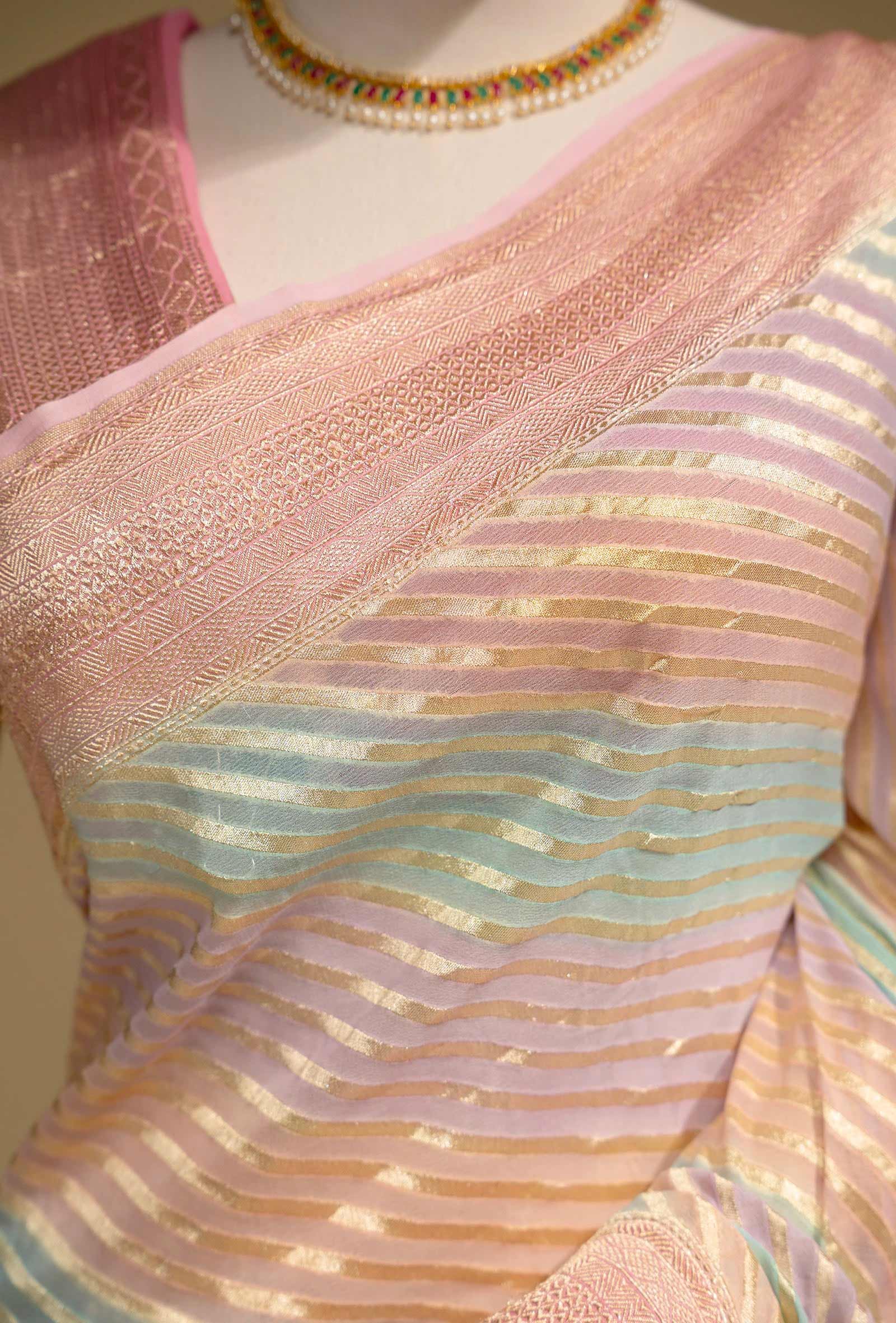 Lehriya Saree In Khadi Chiffon In Light Pink With Pastel Stripes