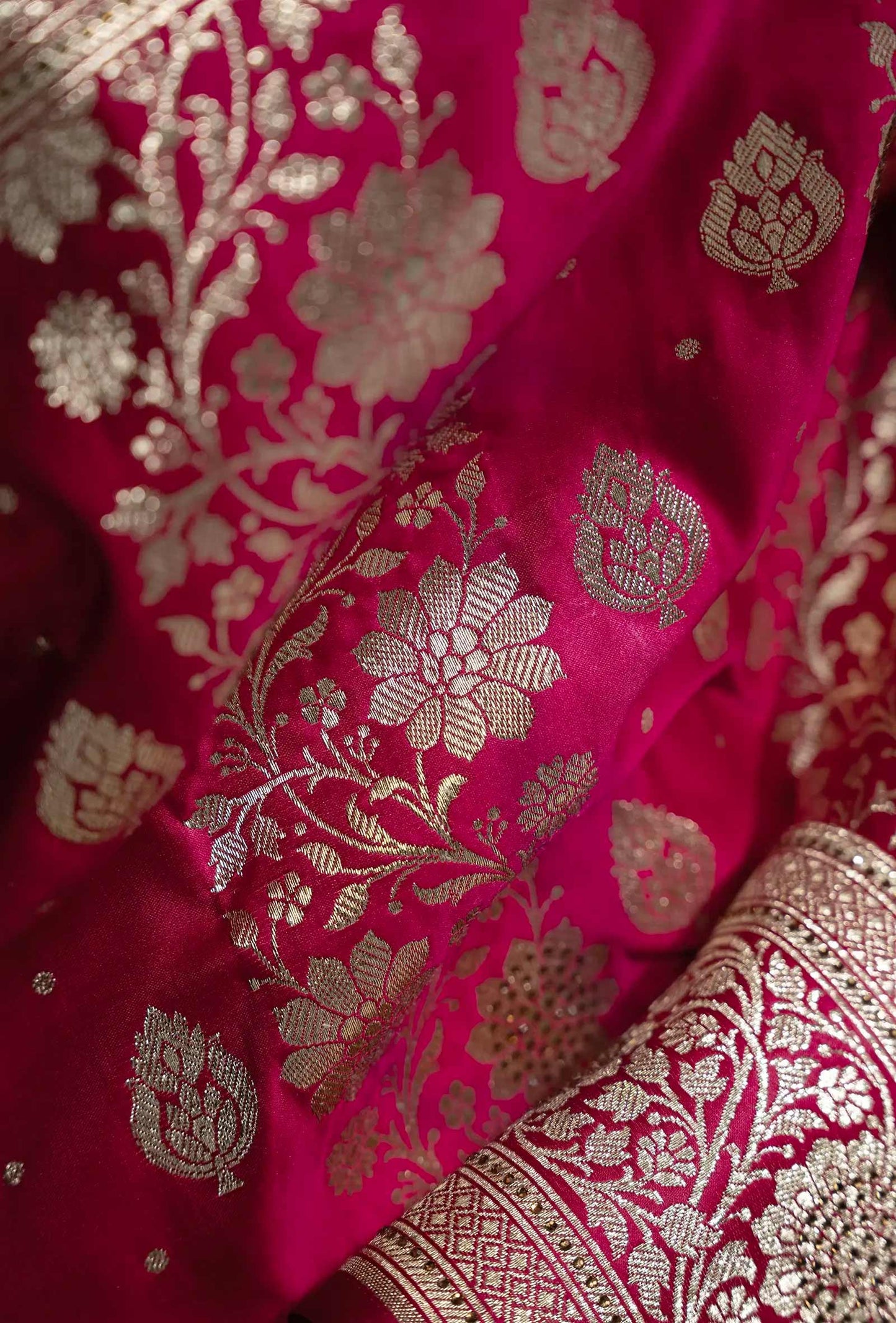 Katan Silk Saree In Rani Pink With Intricate Jangla Work