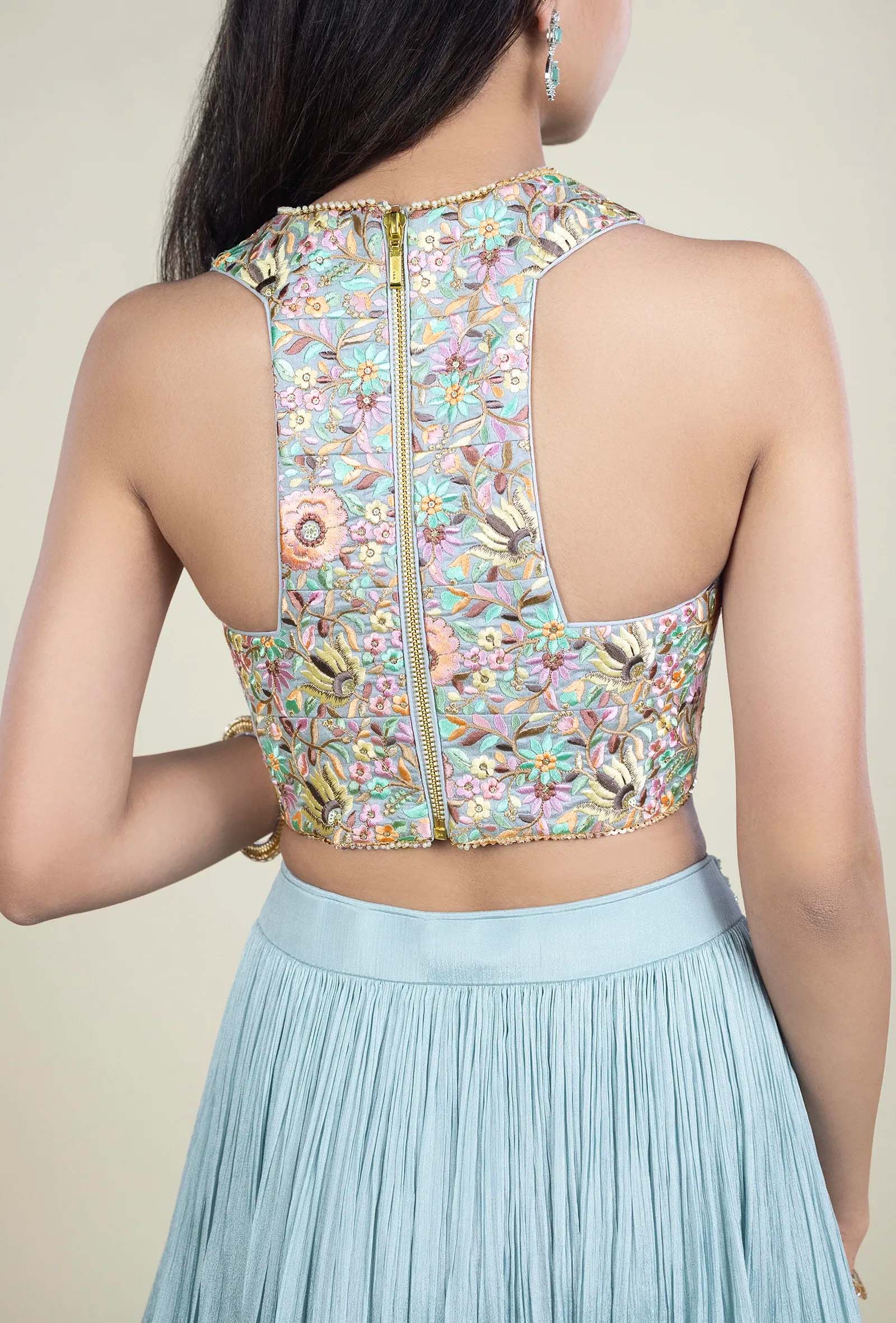 Peach, Mint Green And Pink Resham Embroidery Work Blouse
