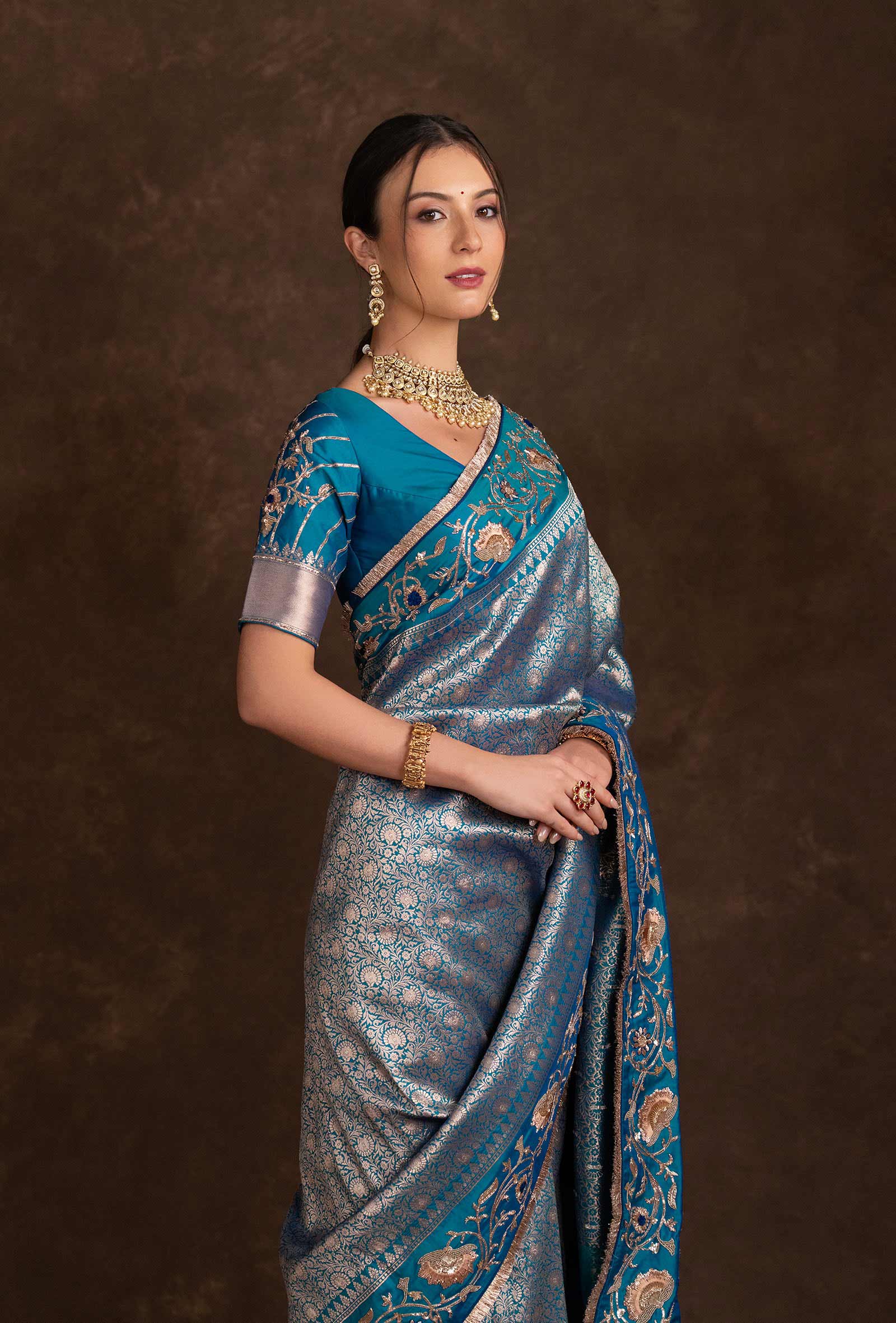 Handcrafted Peacock Blue Blouse with Bridal Silk Saree in Resham & Zardozi Work