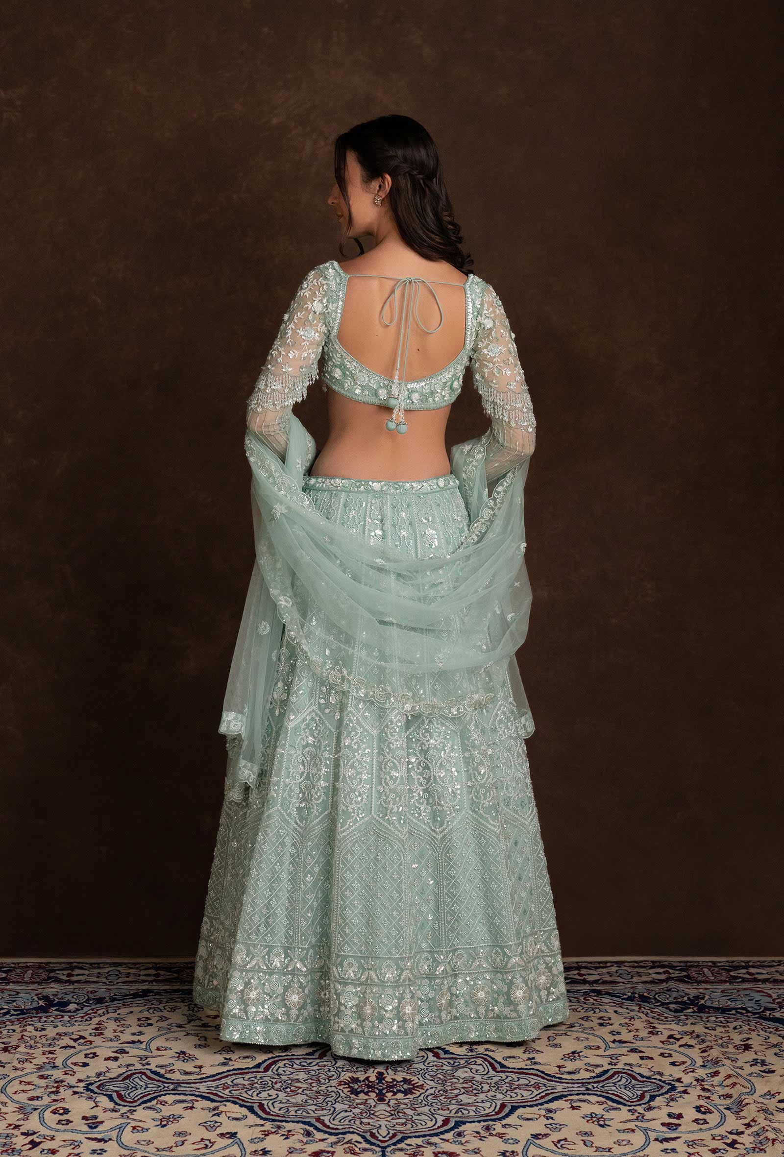 Glimmer Mint Blue Square Neck Sequined Embroidered Set