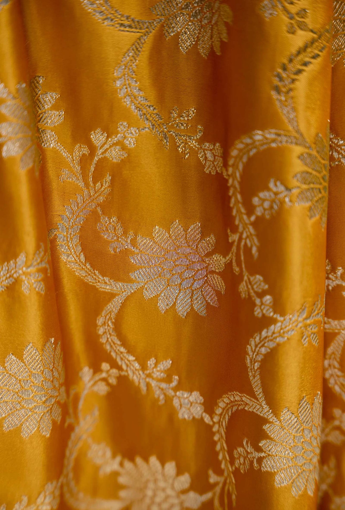 Pure Mashru Silk Saree In Marigold Yellow With Jaal Work