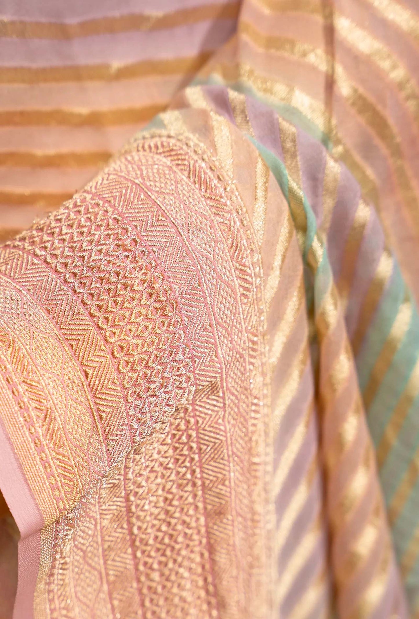 Lehriya Saree In Khadi Chiffon In Light Pink With Pastel Stripes
