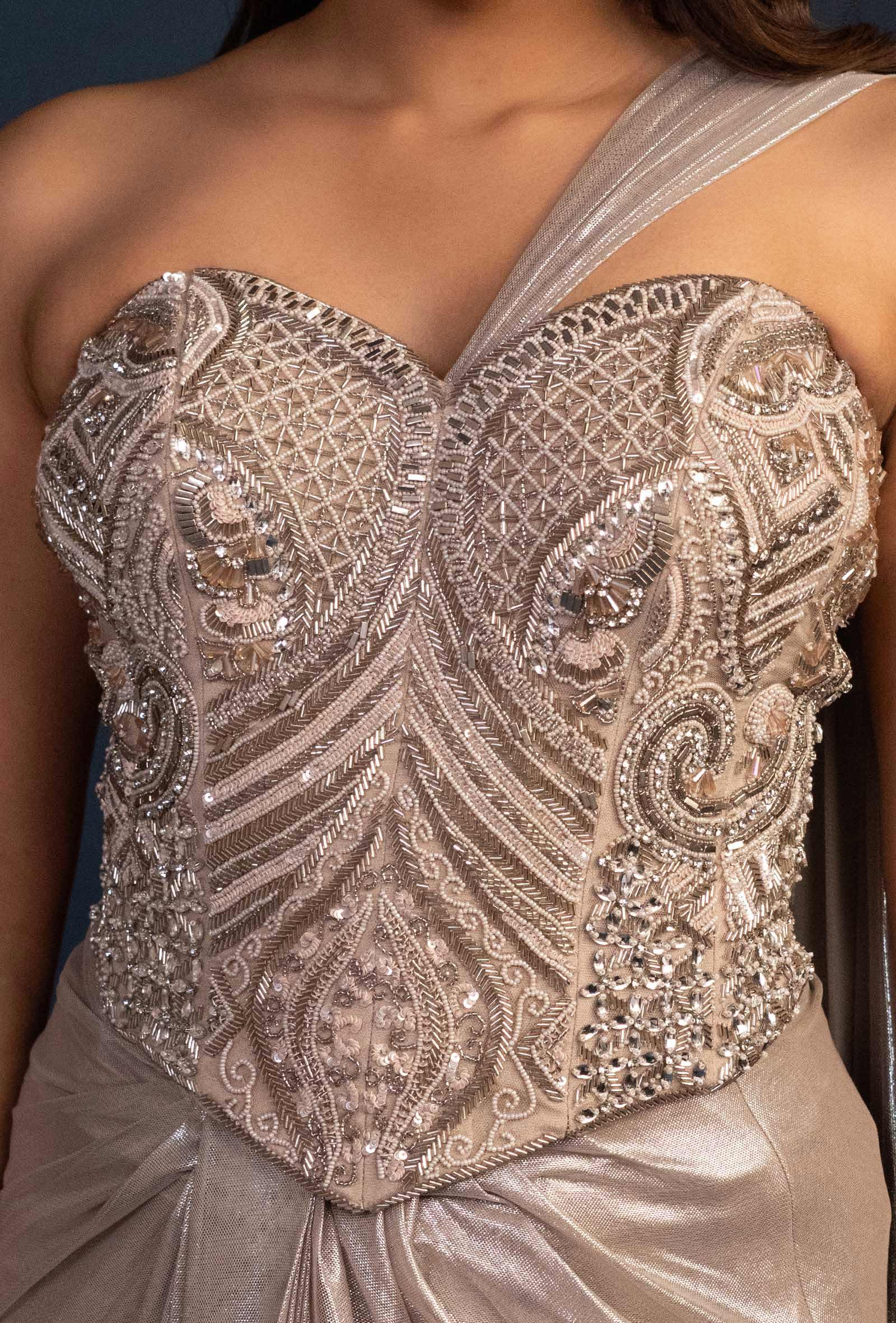 Delphine Waist Emphasizing Corset and Cinched Skirt Set in Metallic Silver