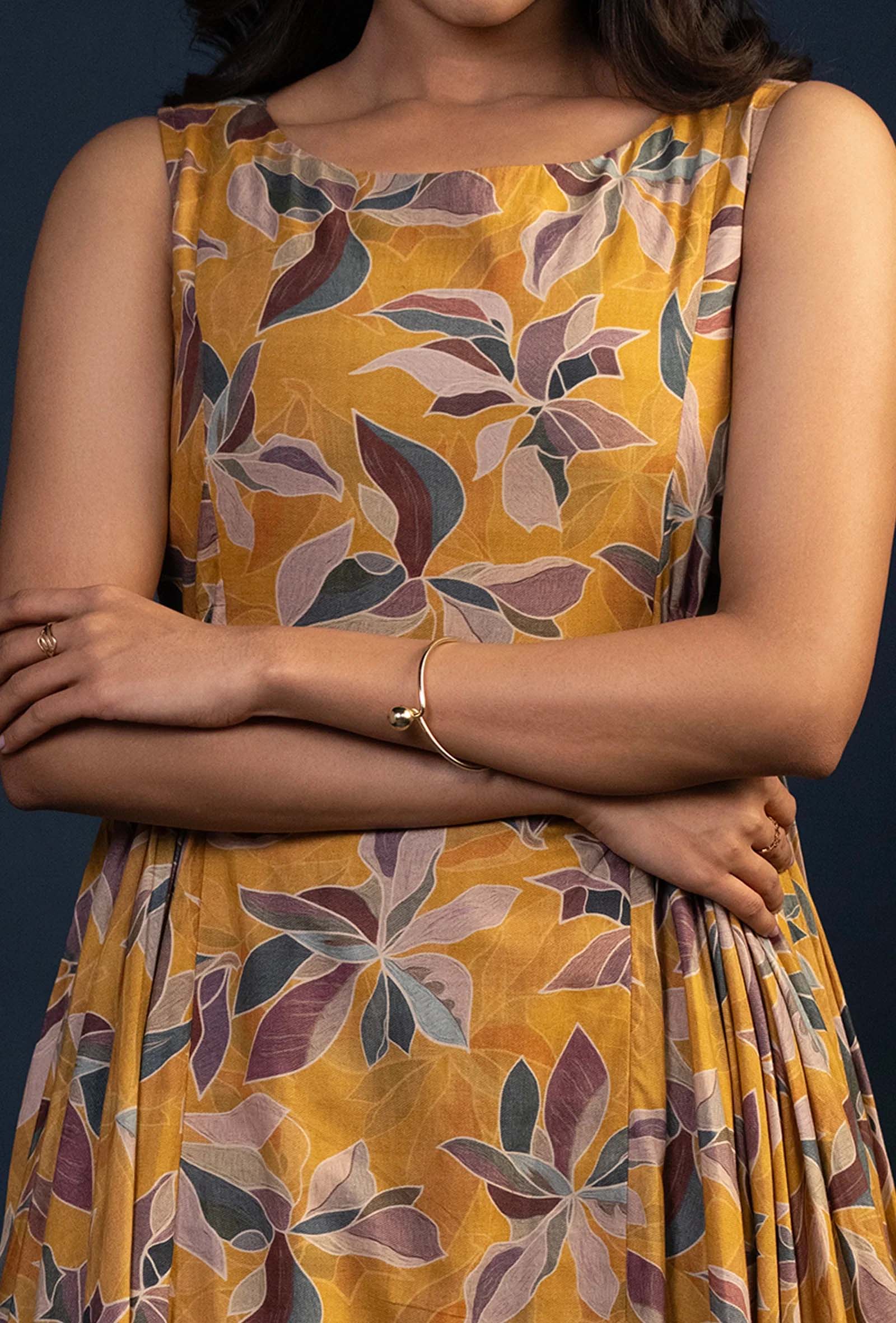 Ochre Floral Print Hip Pleated Midi Dress