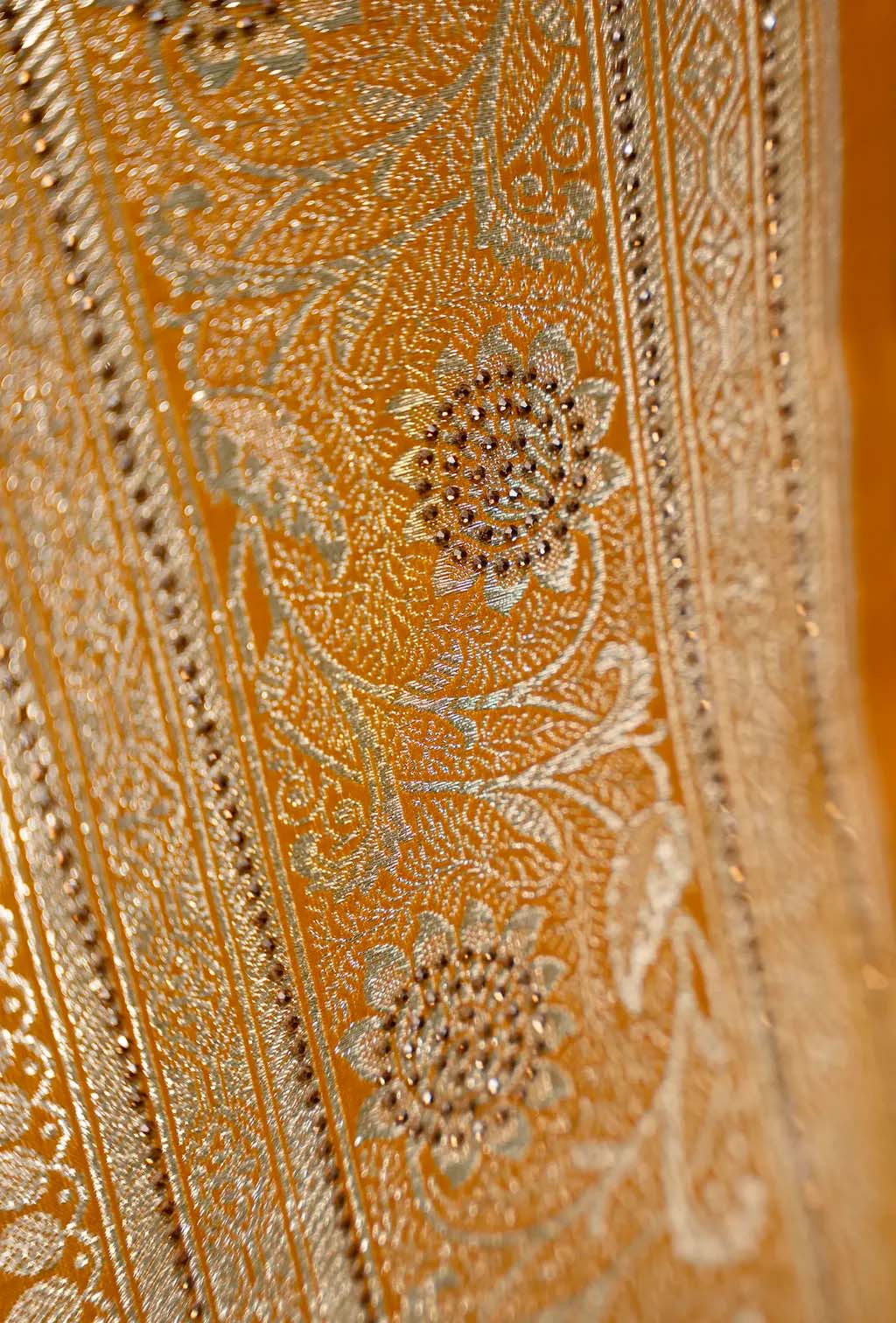 Pure Mashru Silk Saree In Marigold Yellow With Jaal Work