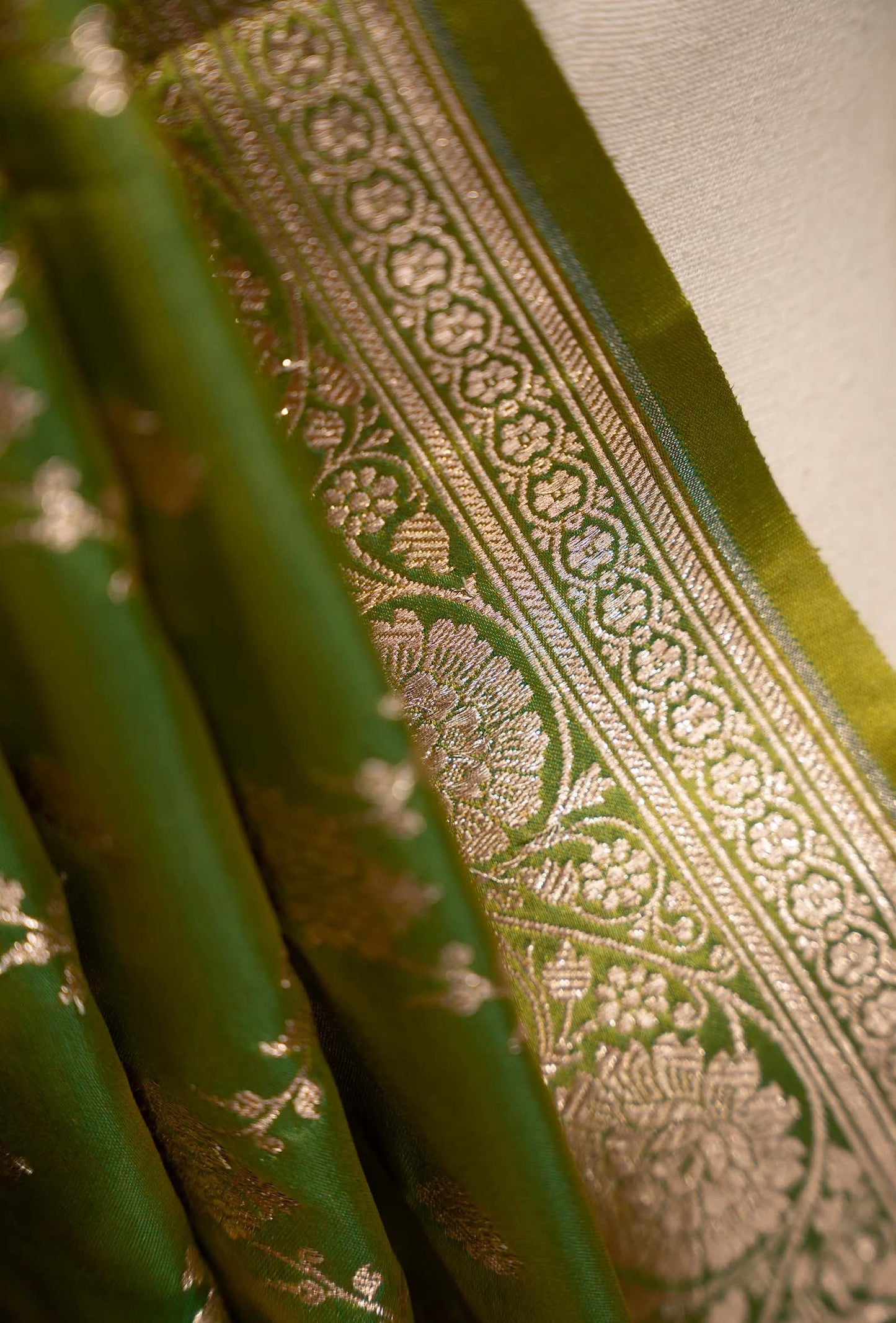 Parrot Green Mashru Silk Saree with Jaalwork in Zari