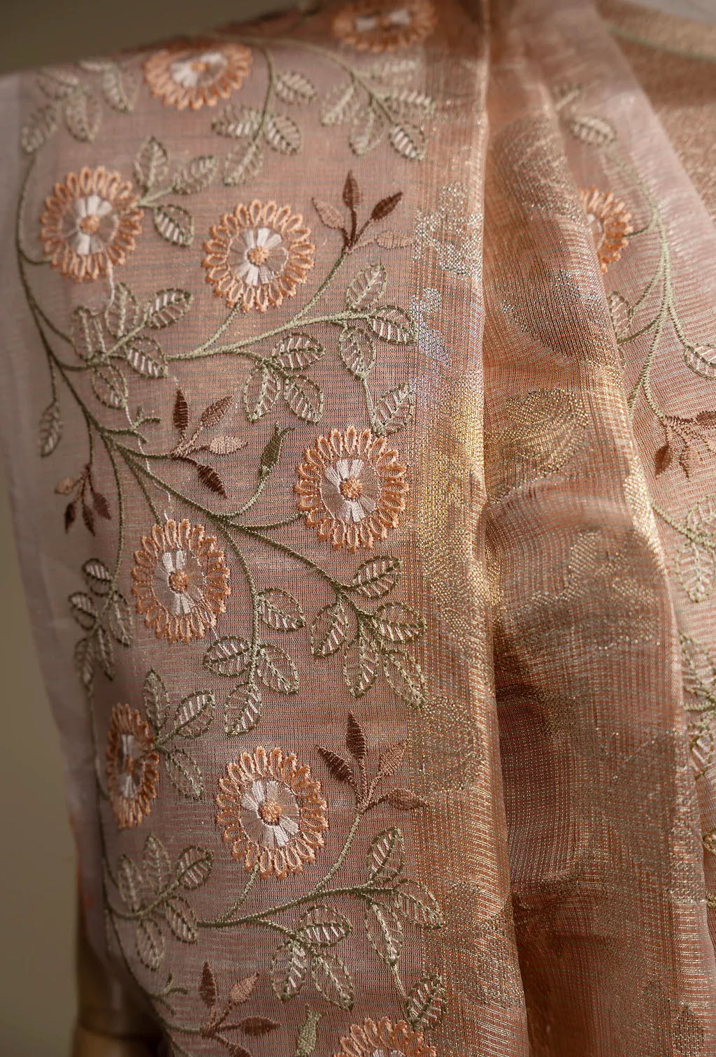 Blush Pink Khadi Tissue Threadwork Saree With Unstitched Blouse