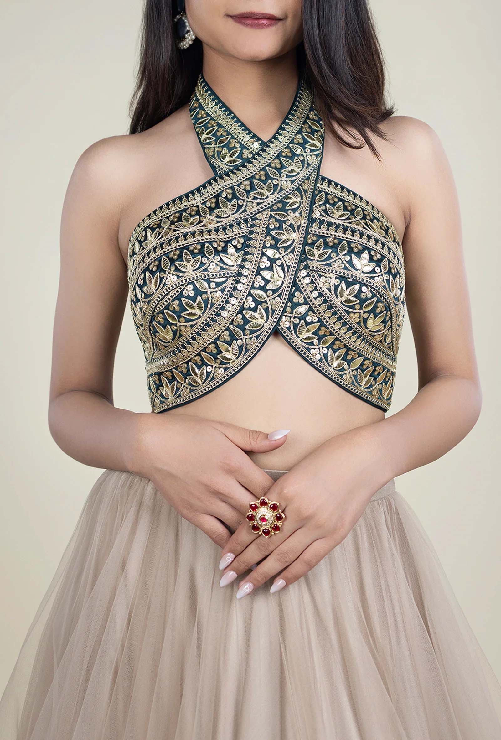 Teal Green Blouse with Golden Embroidery