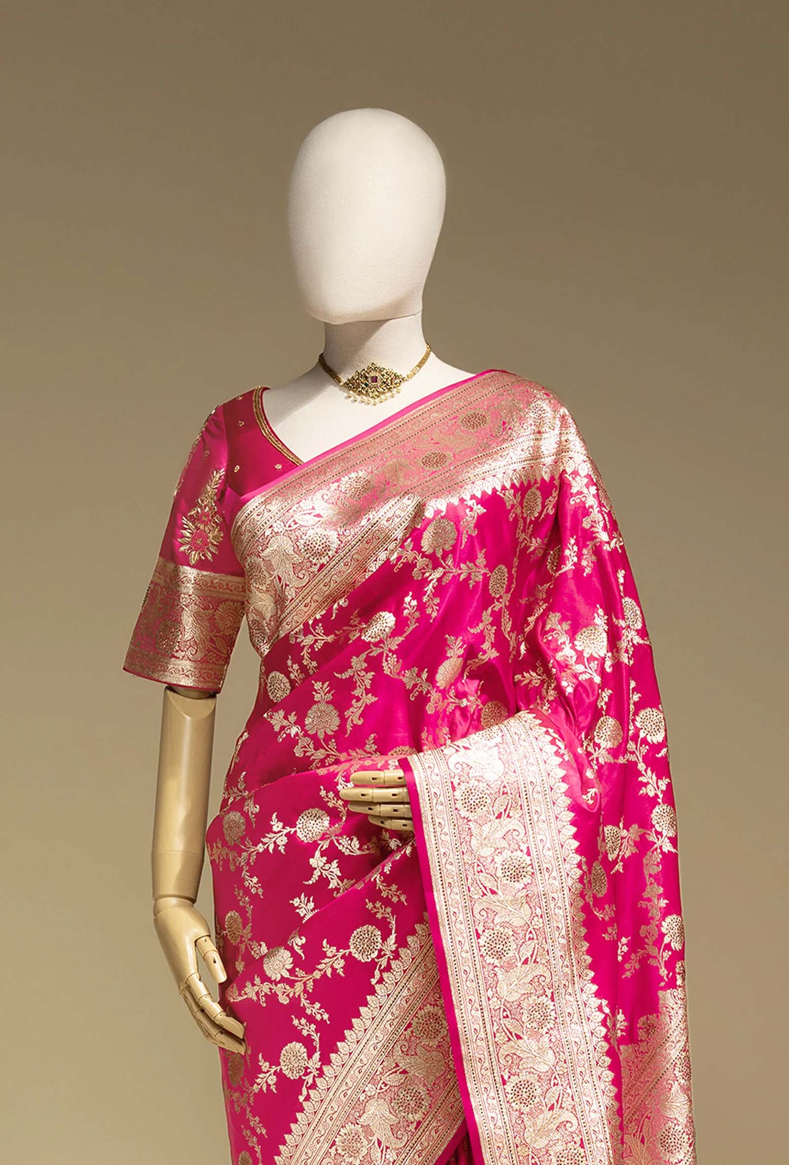 Rani Pink Katan Silk Saree with Zari Buttiwork