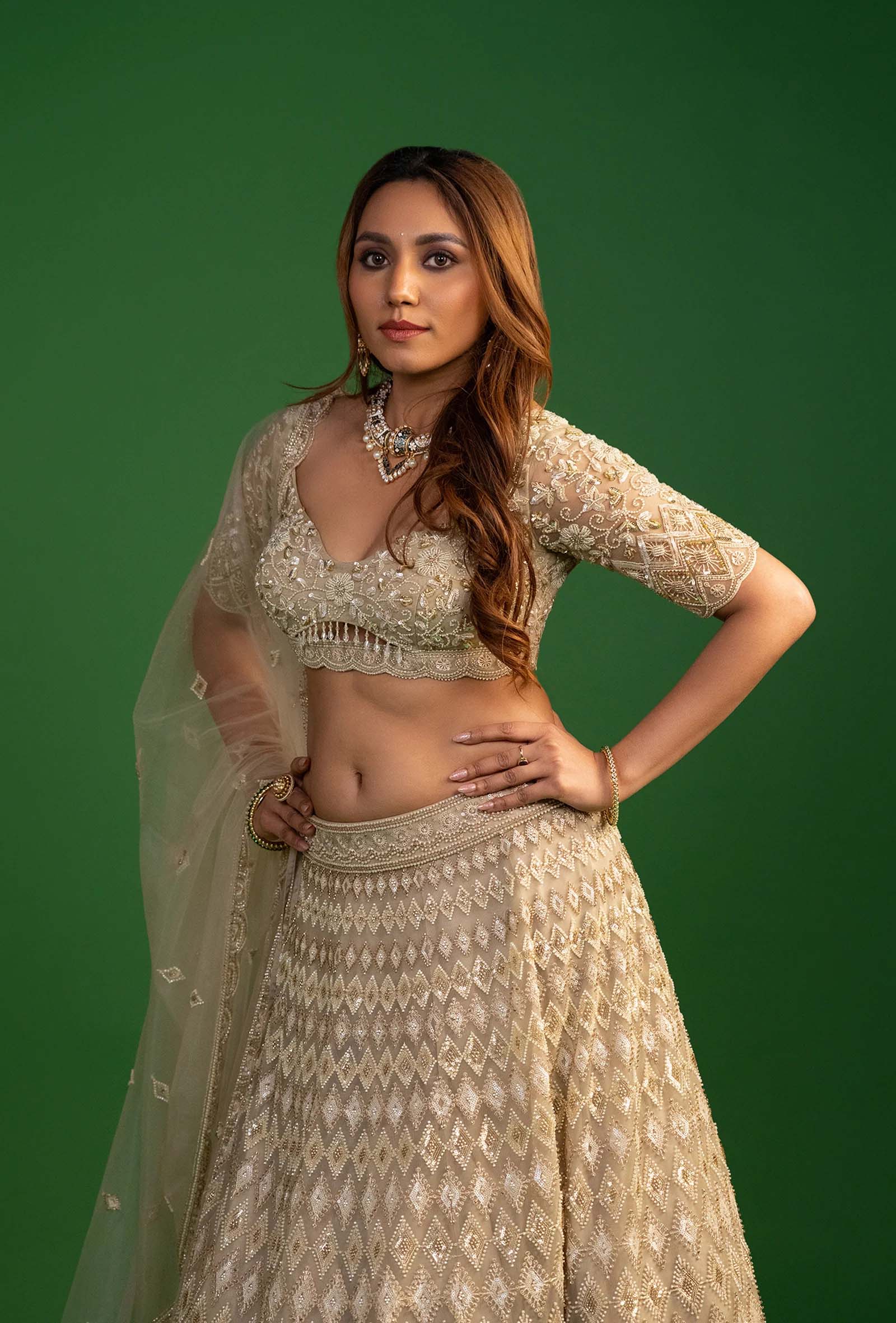 Mirage Golden Green Net Resham Work Lehenga Set