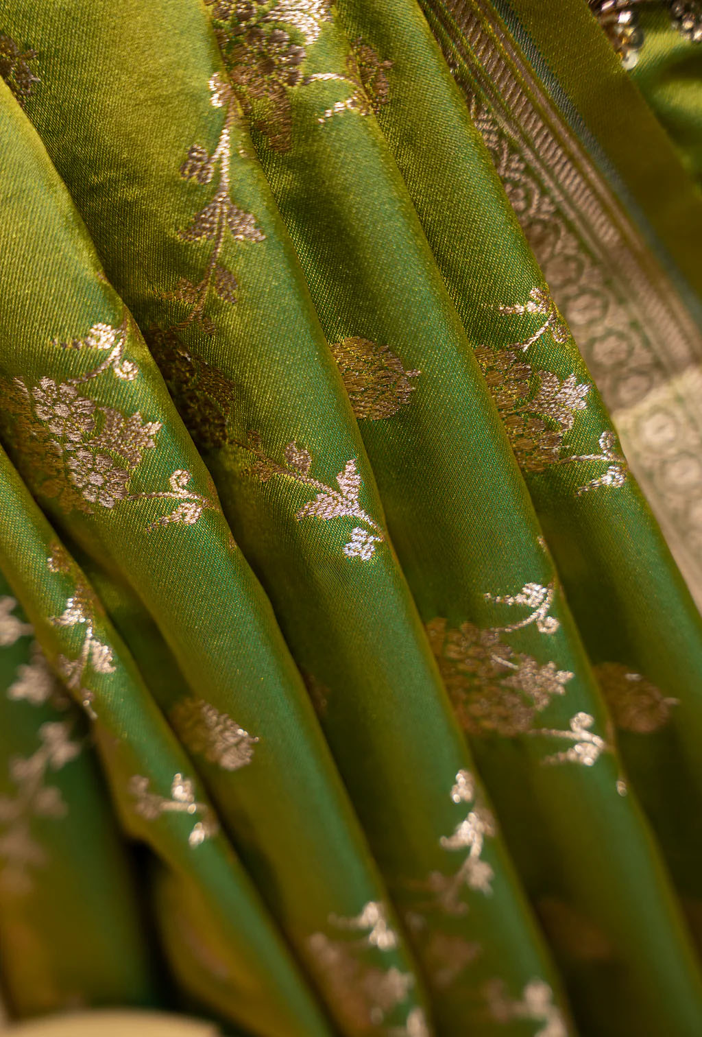 Parrot Green Mashru Silk Saree with Jaalwork in Zari