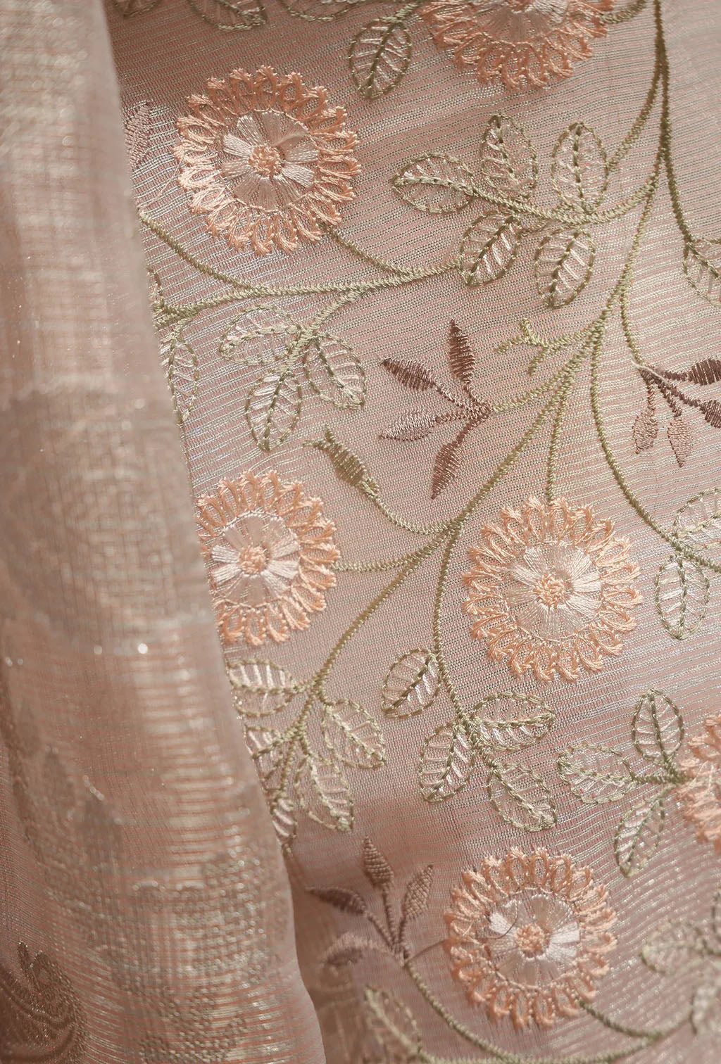 Blush Pink Khadi Tissue Threadwork Saree With Unstitched Blouse