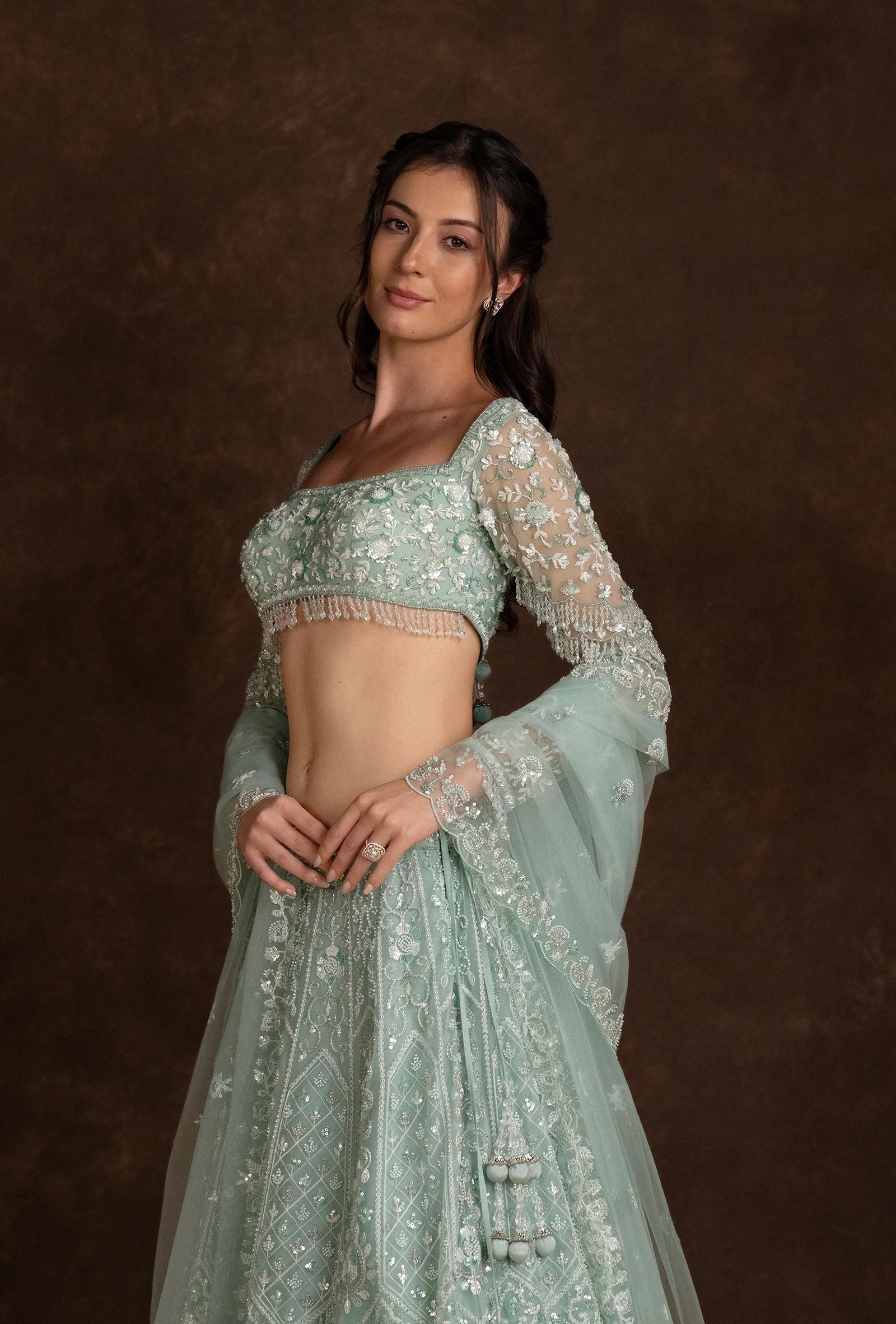 Glimmer Mint Blue Square Neck Sequined Embroidered Set