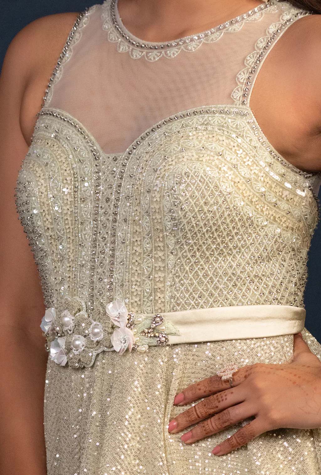 Evermore Shimmer Pista Green Sequined Gown