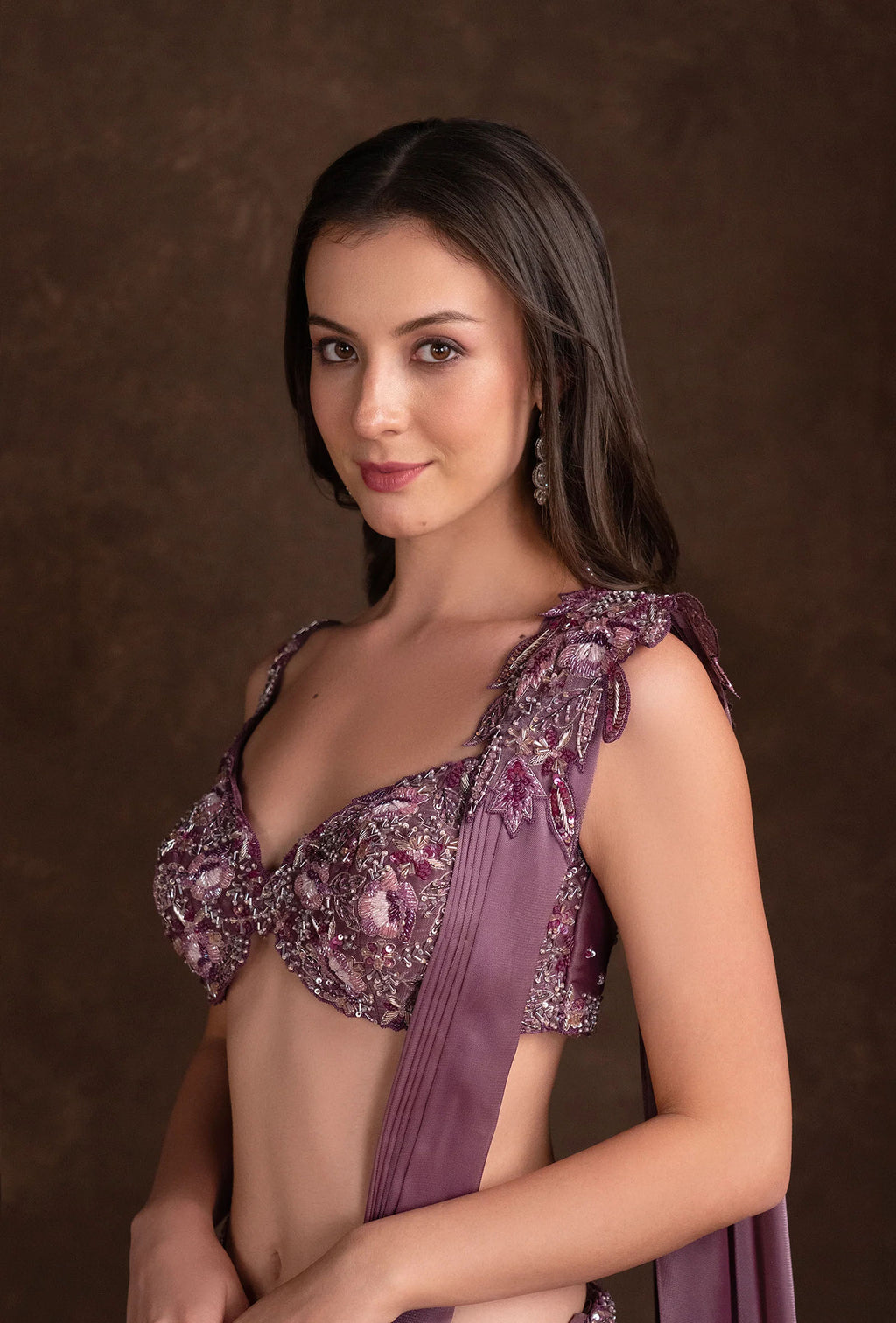 Amora Berry Wine Glass Tissue Embroidered Lehenga Set with Attached Dupatta