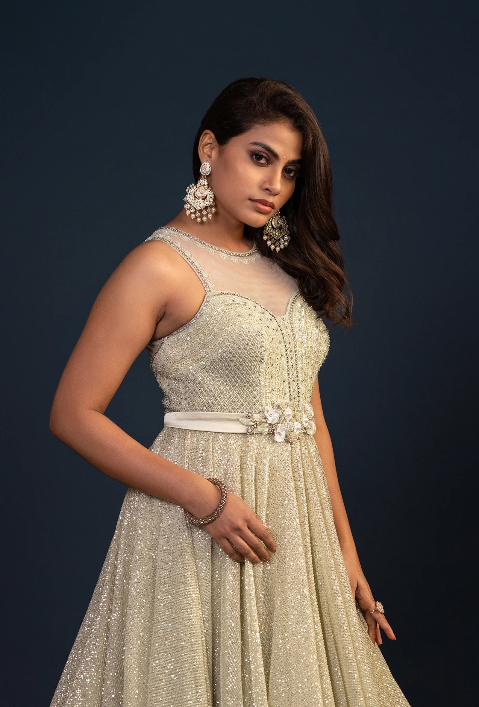 Evermore Shimmer Pista Green Sequined Gown