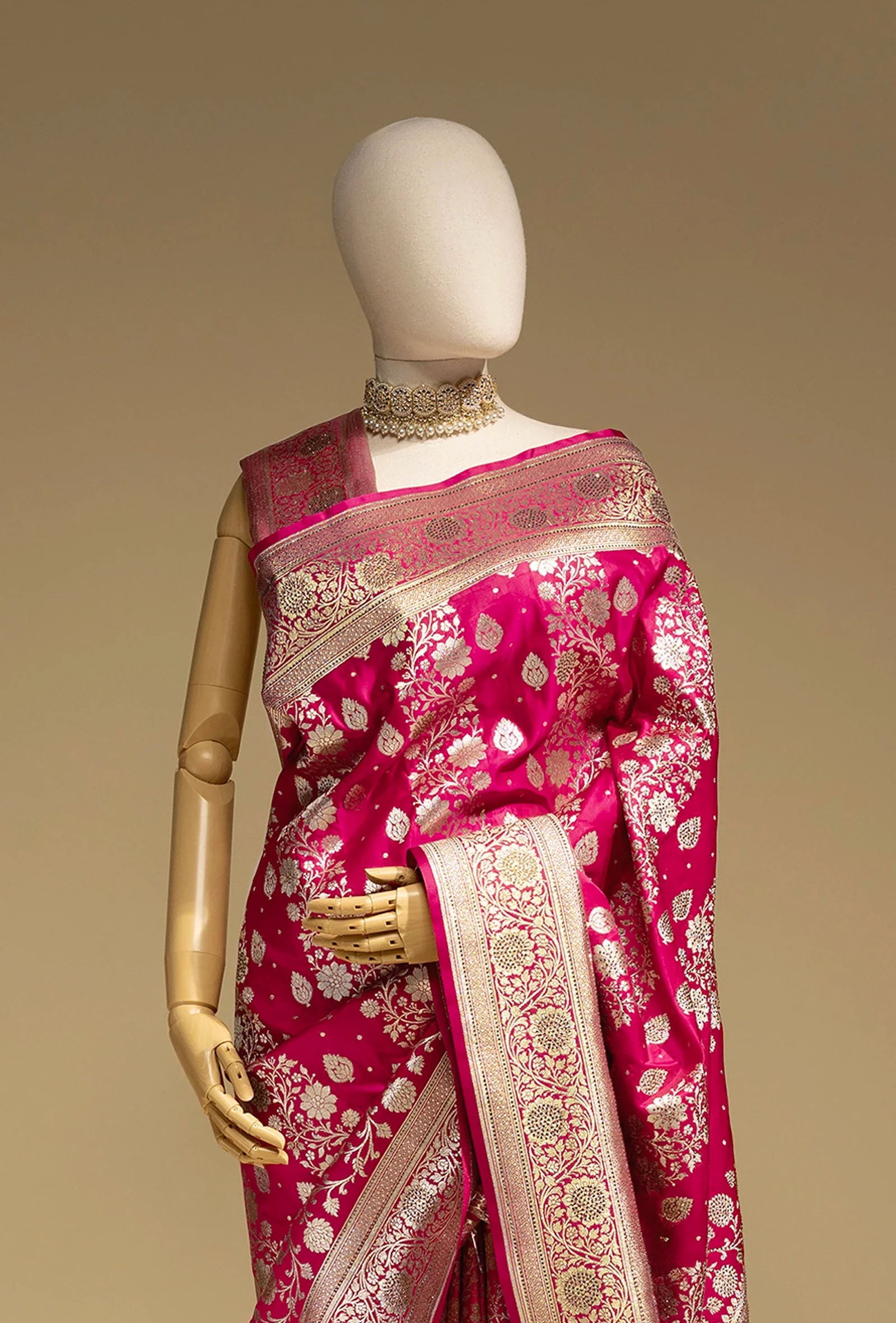 Katan Silk Saree In Rani Pink With Intricate Jangla Work