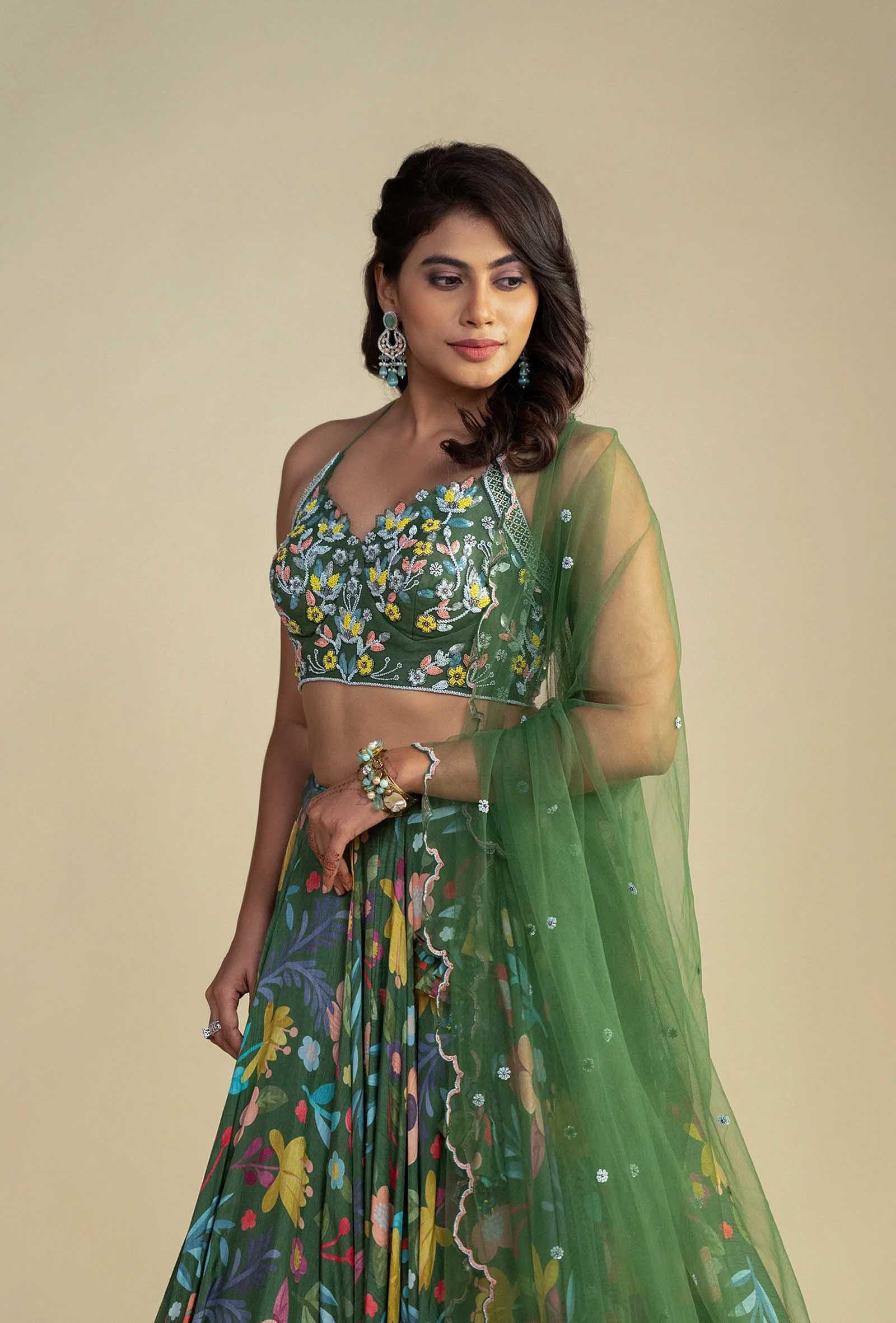 Amber Green Digitally Printed Tie-up Choli Lehenga Set