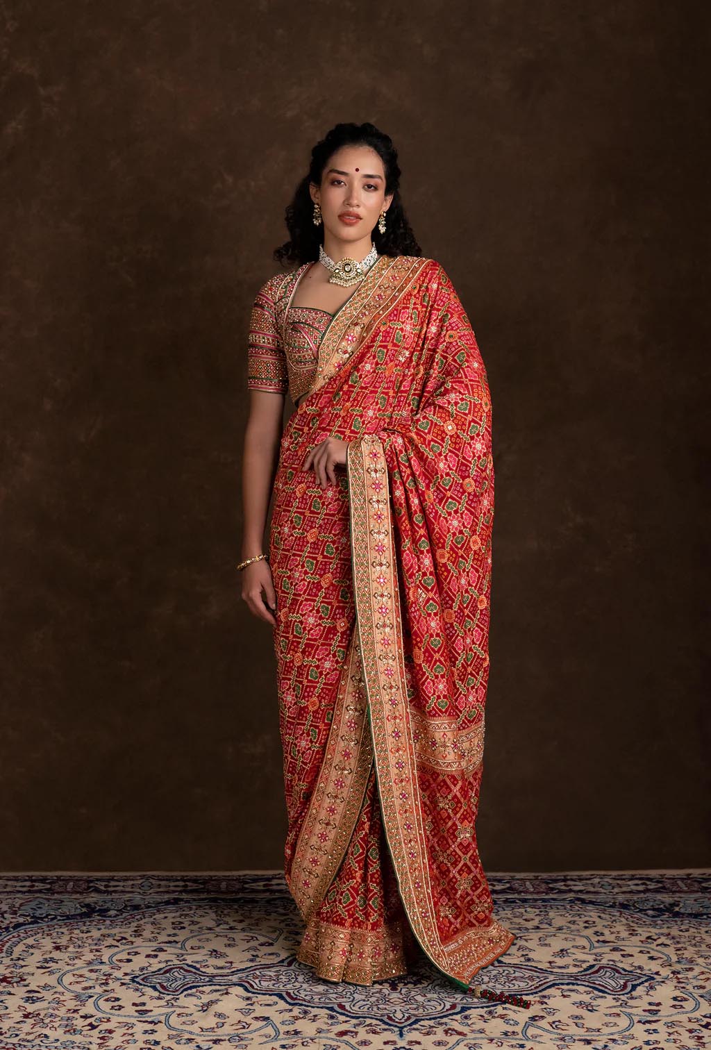 Bridal Red Bandhani Saree with Handwork Bustier Style Blouse