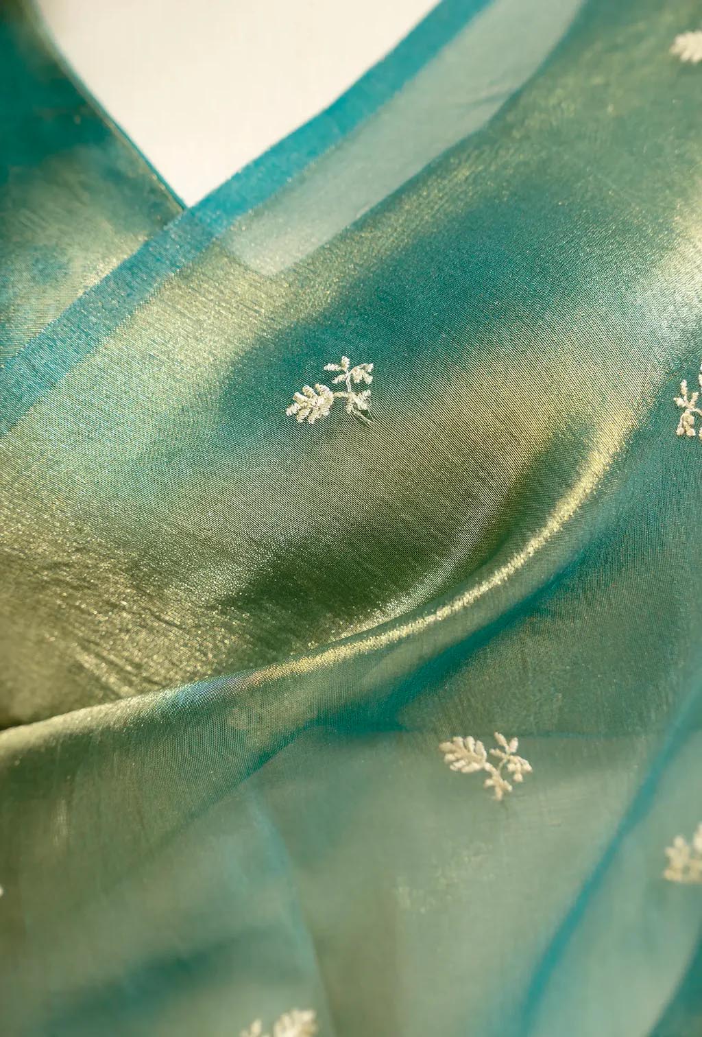 Crushed Tissue Silk Saree In Teal Green For Sophisticated Charm