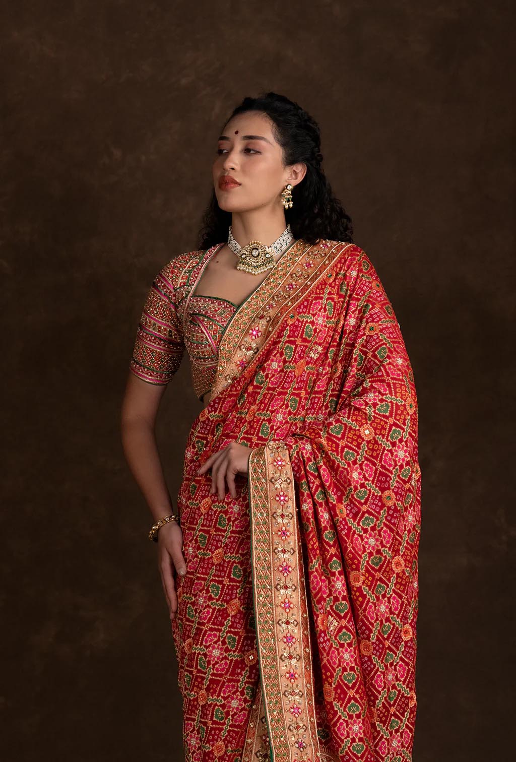 Bridal Red Bandhani Saree with Handwork Bustier Style Blouse