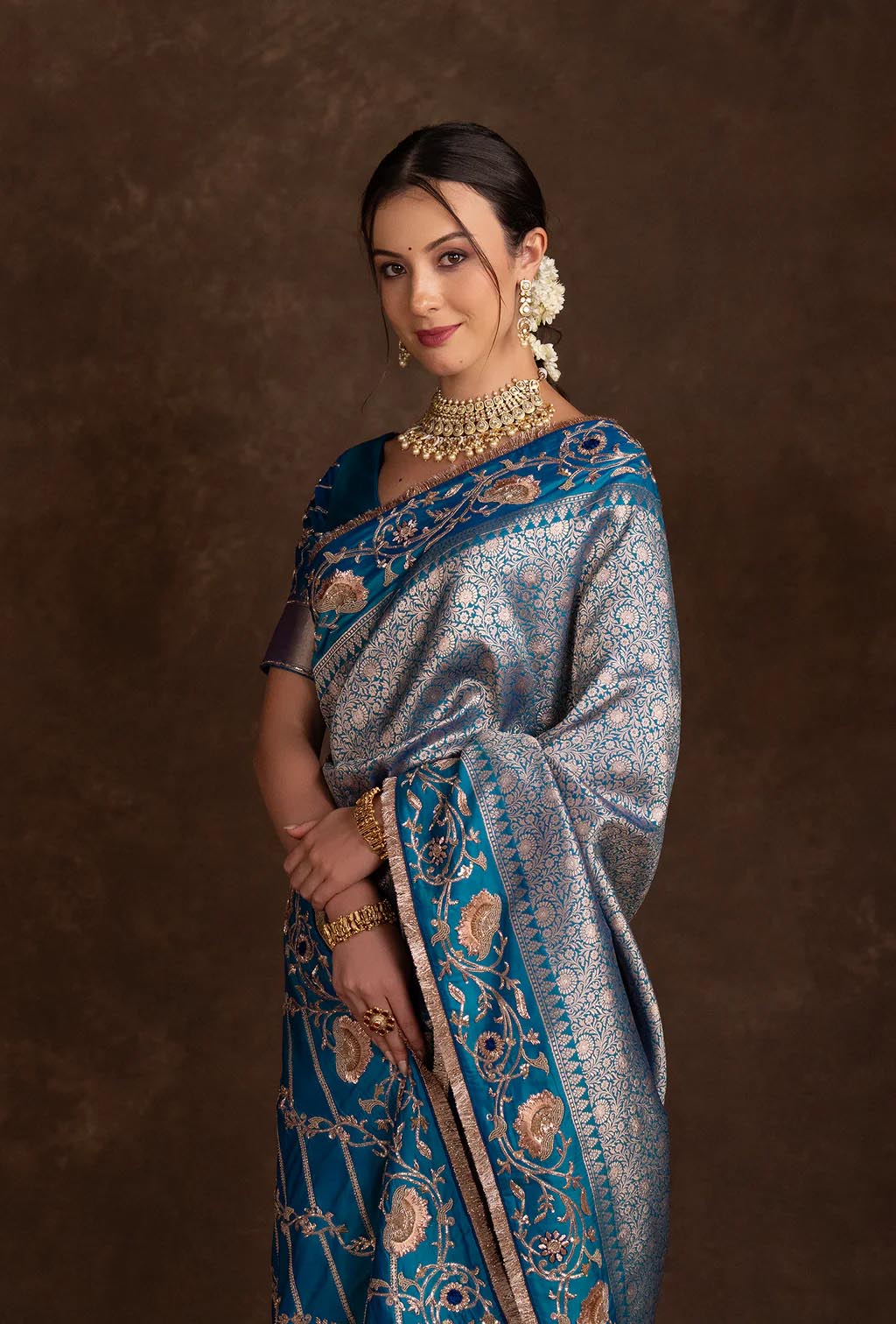 Handcrafted Peacock Blue Unstitched Blouse with Bridal Silk Saree in Resham & Zardozi Work