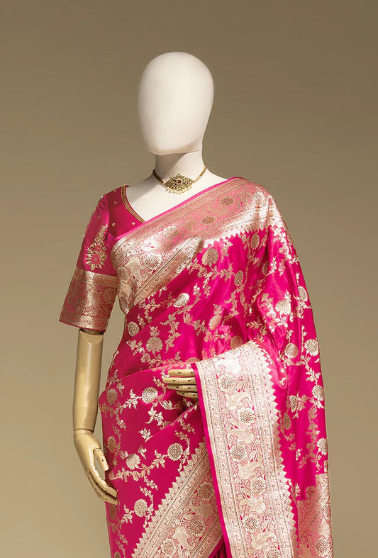 Rani Pink Katan Silk Saree with Zari Buttiwork
