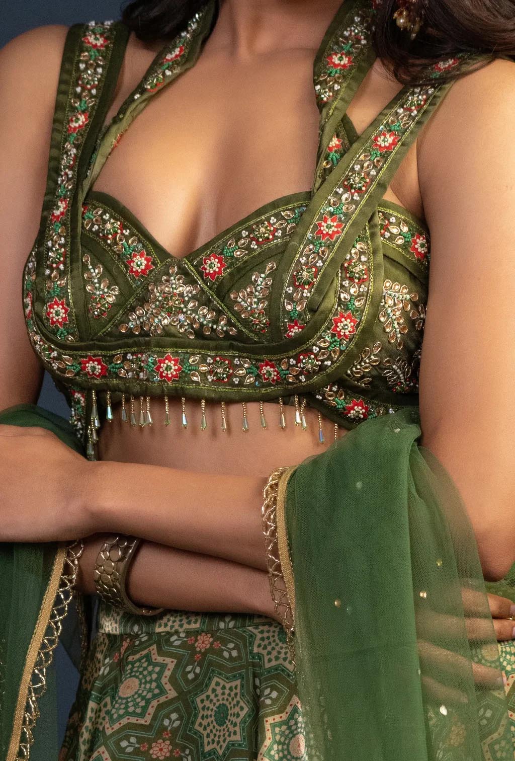 Maple Dark Olive Green Digitally Printed Criss Cross Neck Lehenga Set