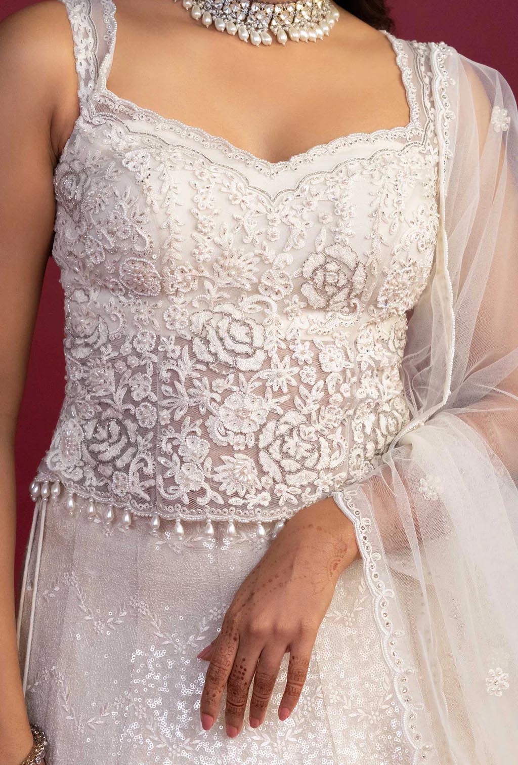 Cascade Pearl Ivory Sweetheart Neck Lehenga Set