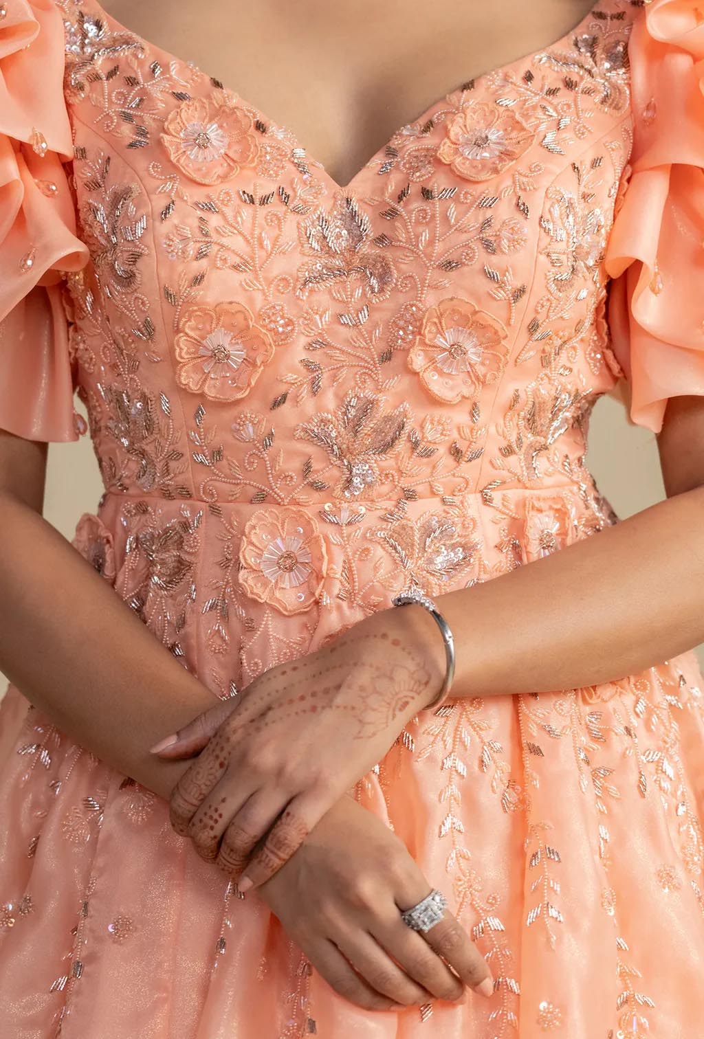 Fiona Coral Short Ruffle Sleeves Gown