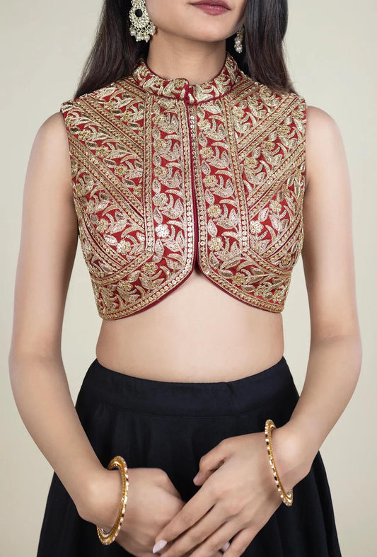 Maroon Sequence and Zardozi Hand Embroidery Blouse