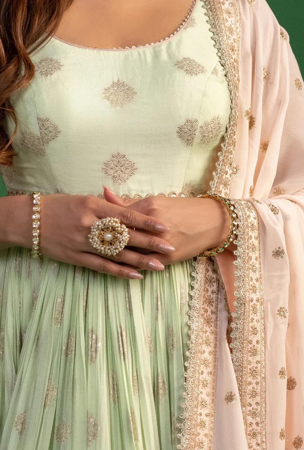 Pista Green Anarkali With Pink Dupatta