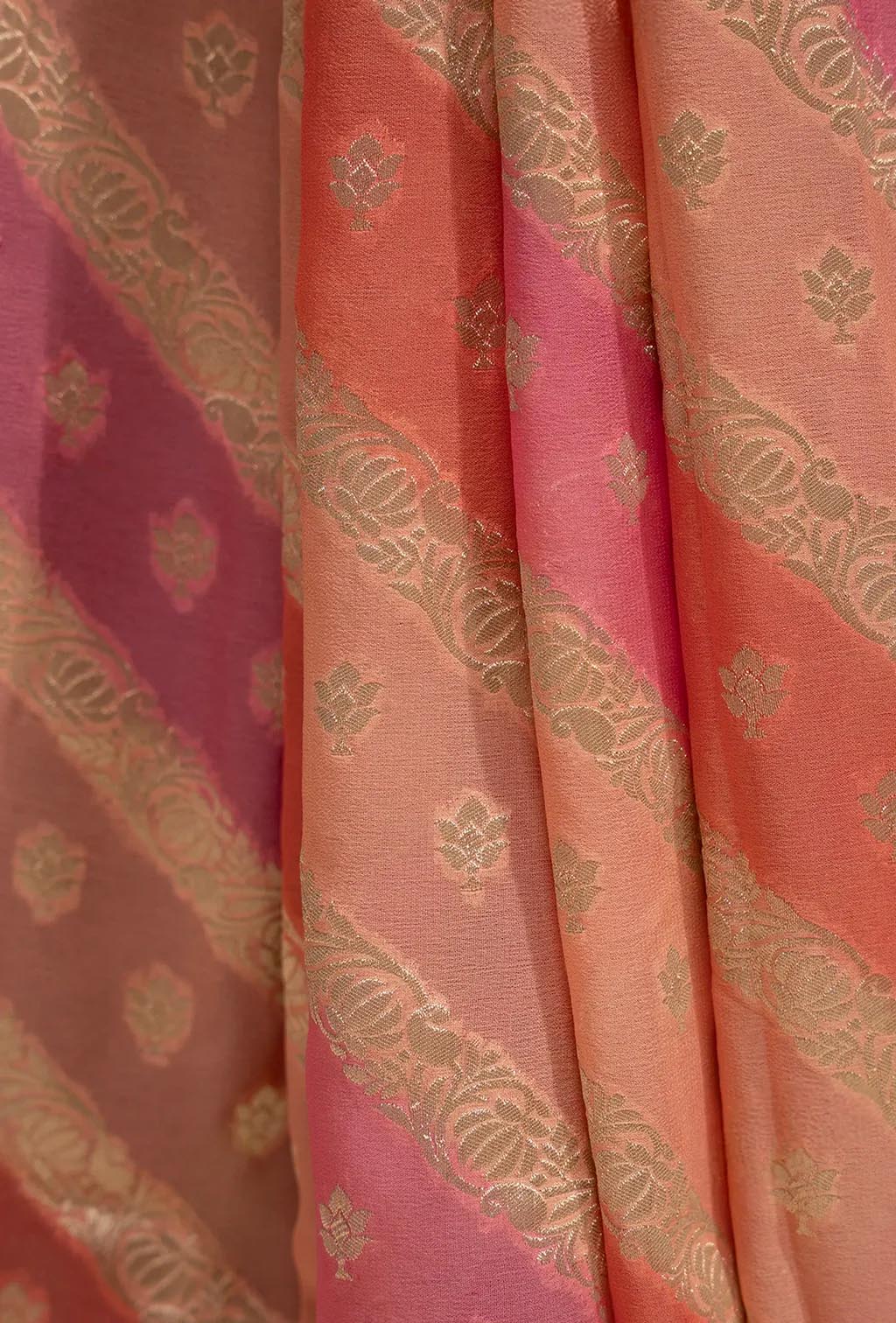 Lehriya Saree In Khadi Chiffon In Soft Paste Pink