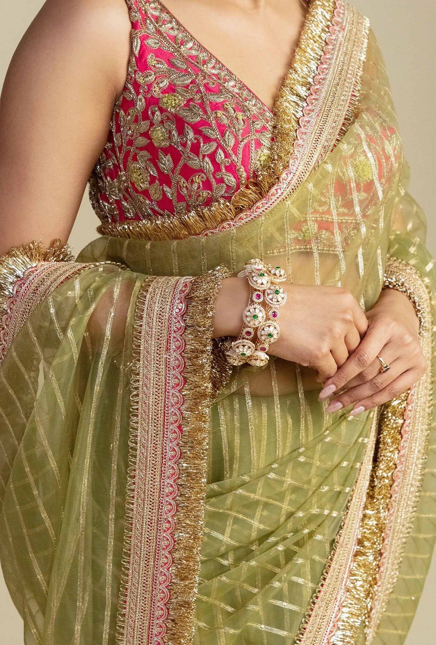 Noor Sheer Green Saree with Zardozi Embroidered Blouse