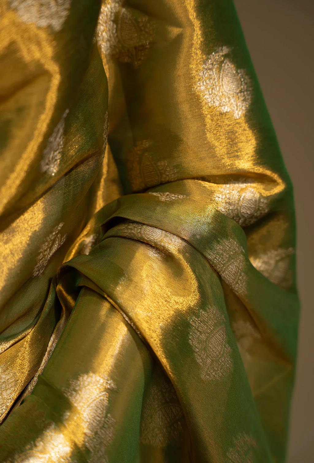 Pure Shimmer Organza Saree In Golden Green