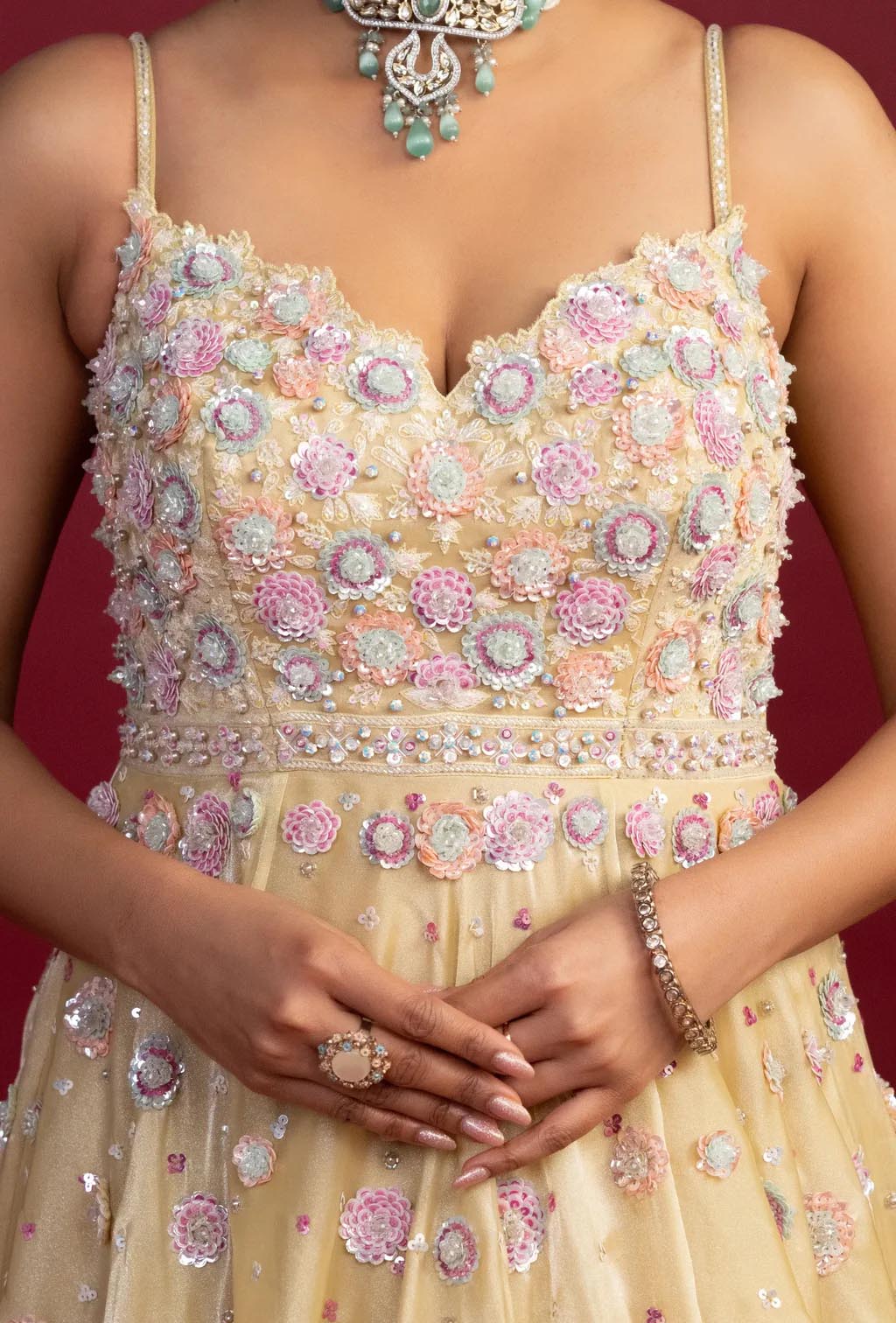 Belle Pastel Yellow with Embroidered Flowers Gown