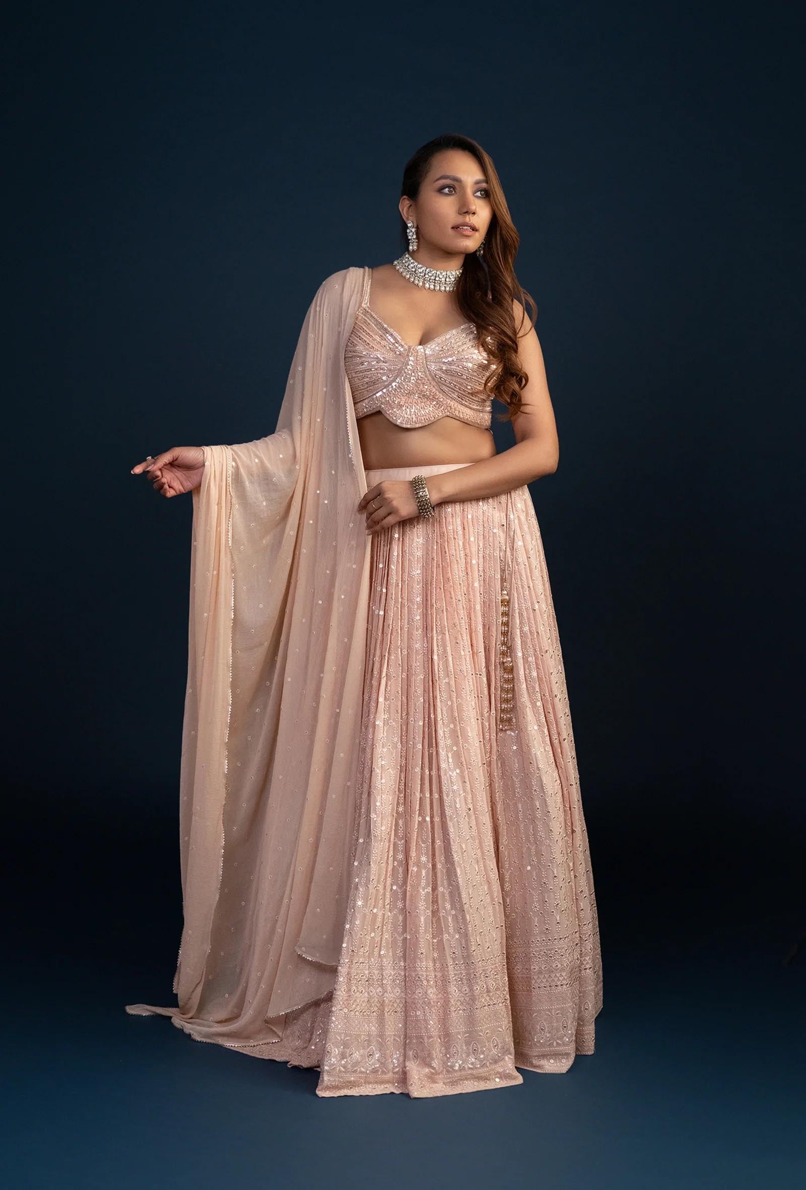 Eden Light Pink Dupion Silk Blouse With Chiffon Dupatta Lehenga Set