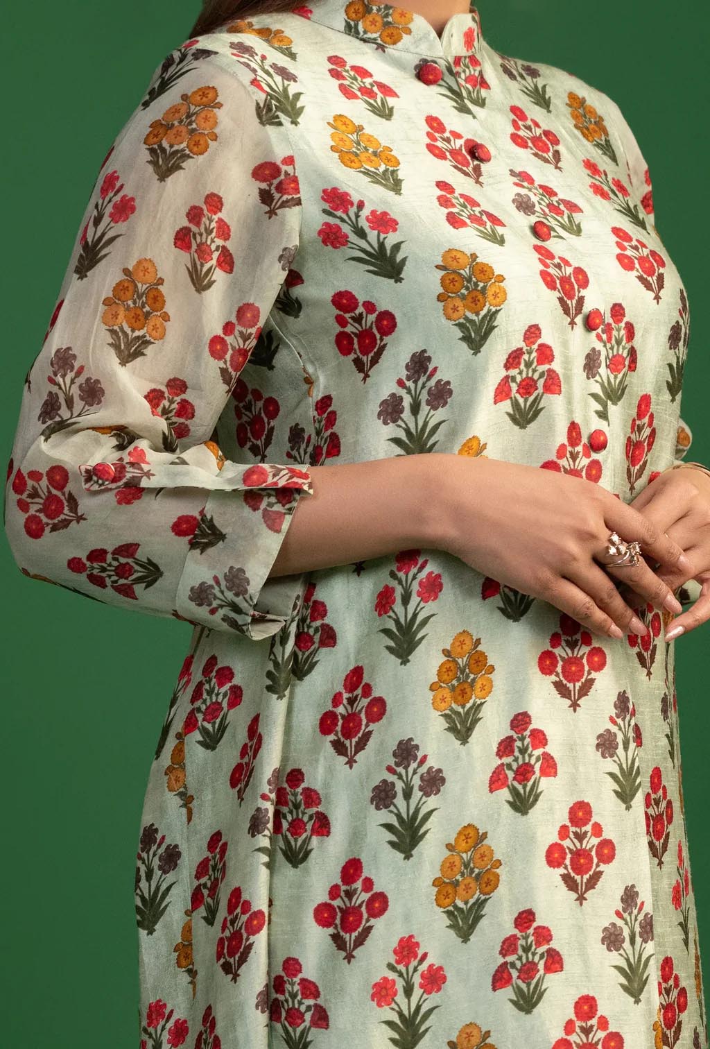 Pista Green Printed Stand Collar Kurta Set