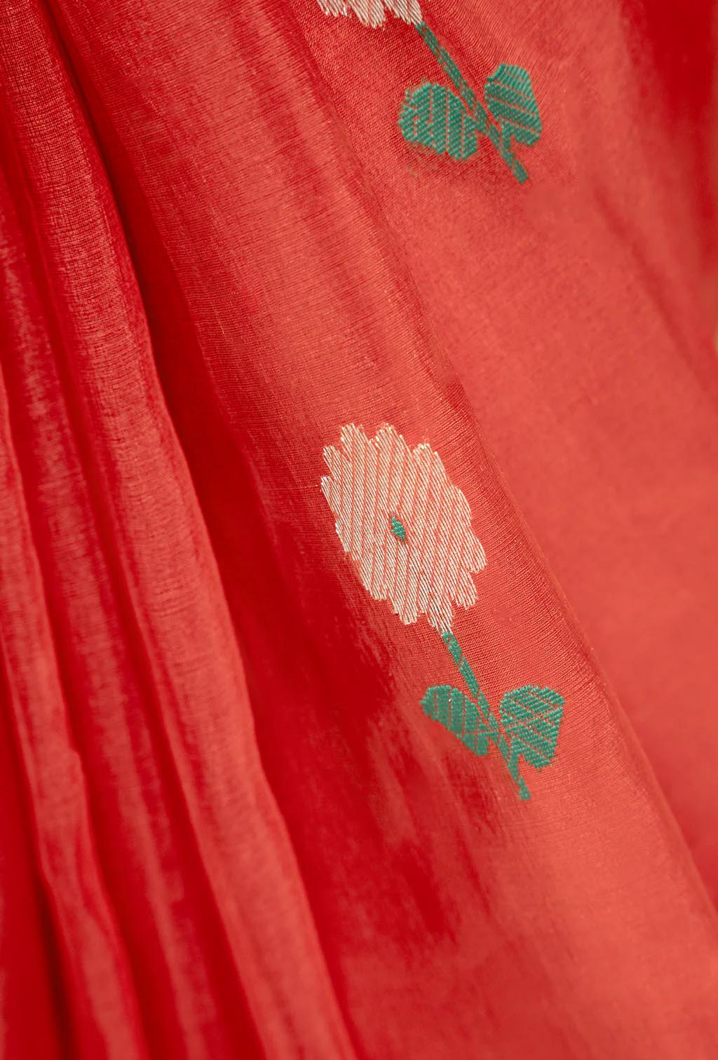 Tissue Silk Saree In Chanderi Red With Zari Buttiwork