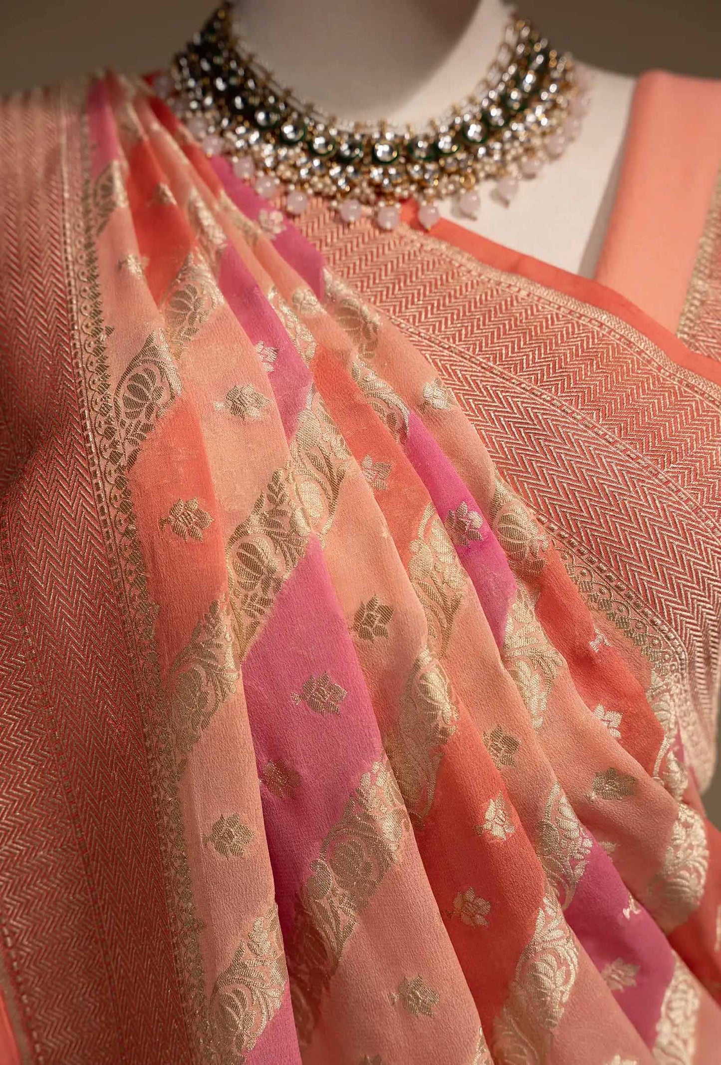 Lehriya Saree In Khadi Chiffon In Soft Paste Pink