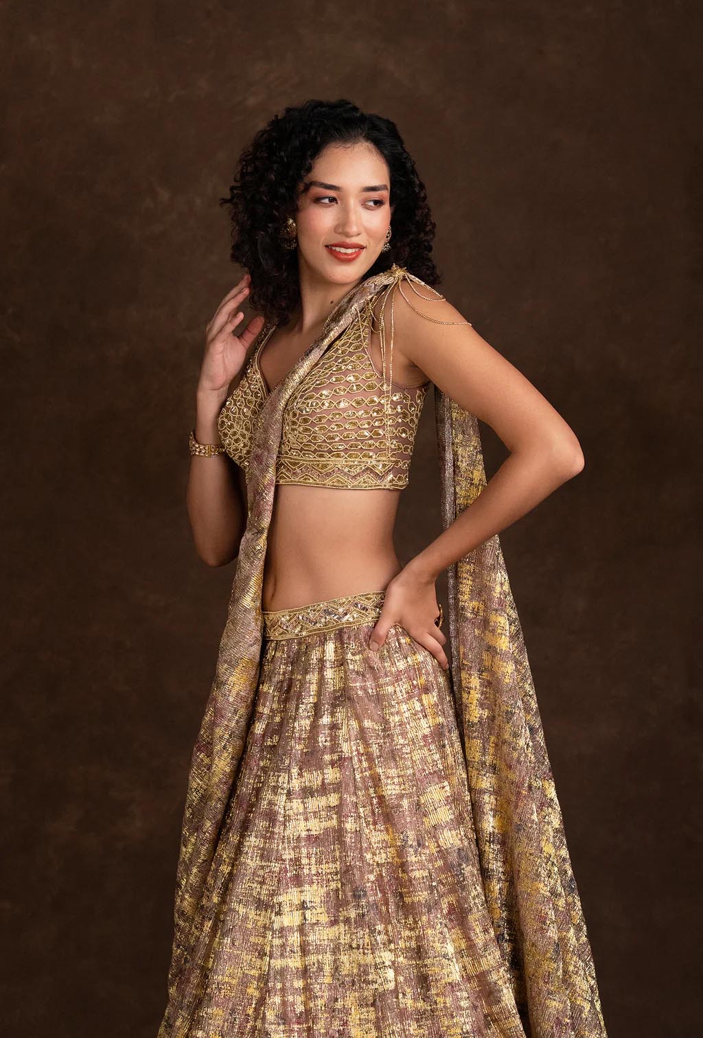 Clover Marble Effect Lilac and Golden Choli and Attached Dupatta Lehenga Set