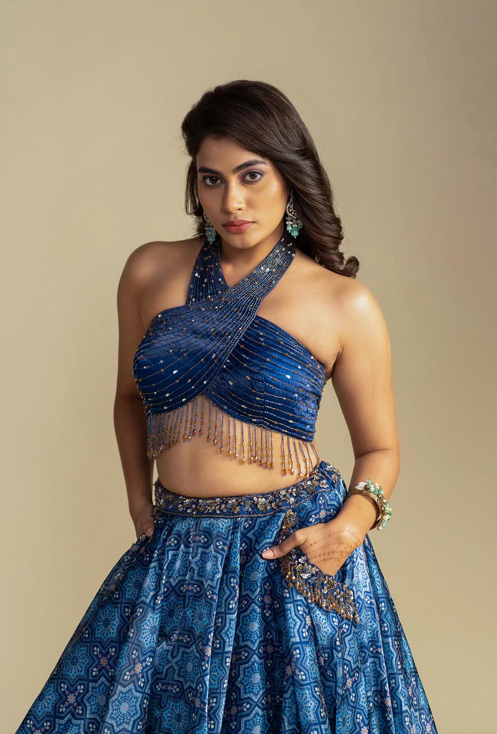Aurelia Cobalt Blue Digitally Printed Lehenga Set with Halter Neckline