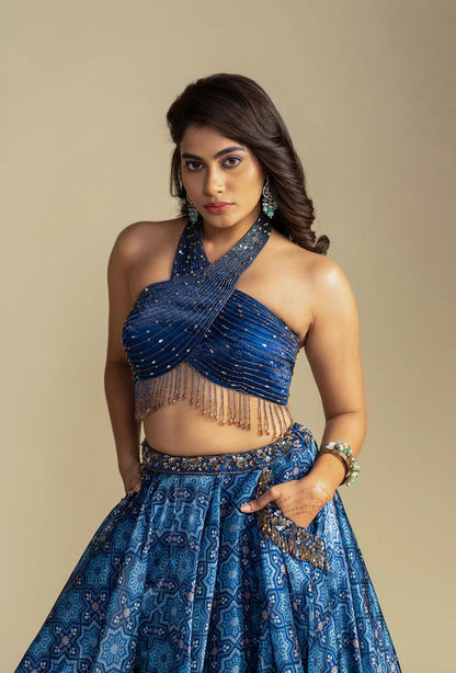 Aurelia Cobalt Blue Digitally Printed Lehenga Set with Halter Neckline