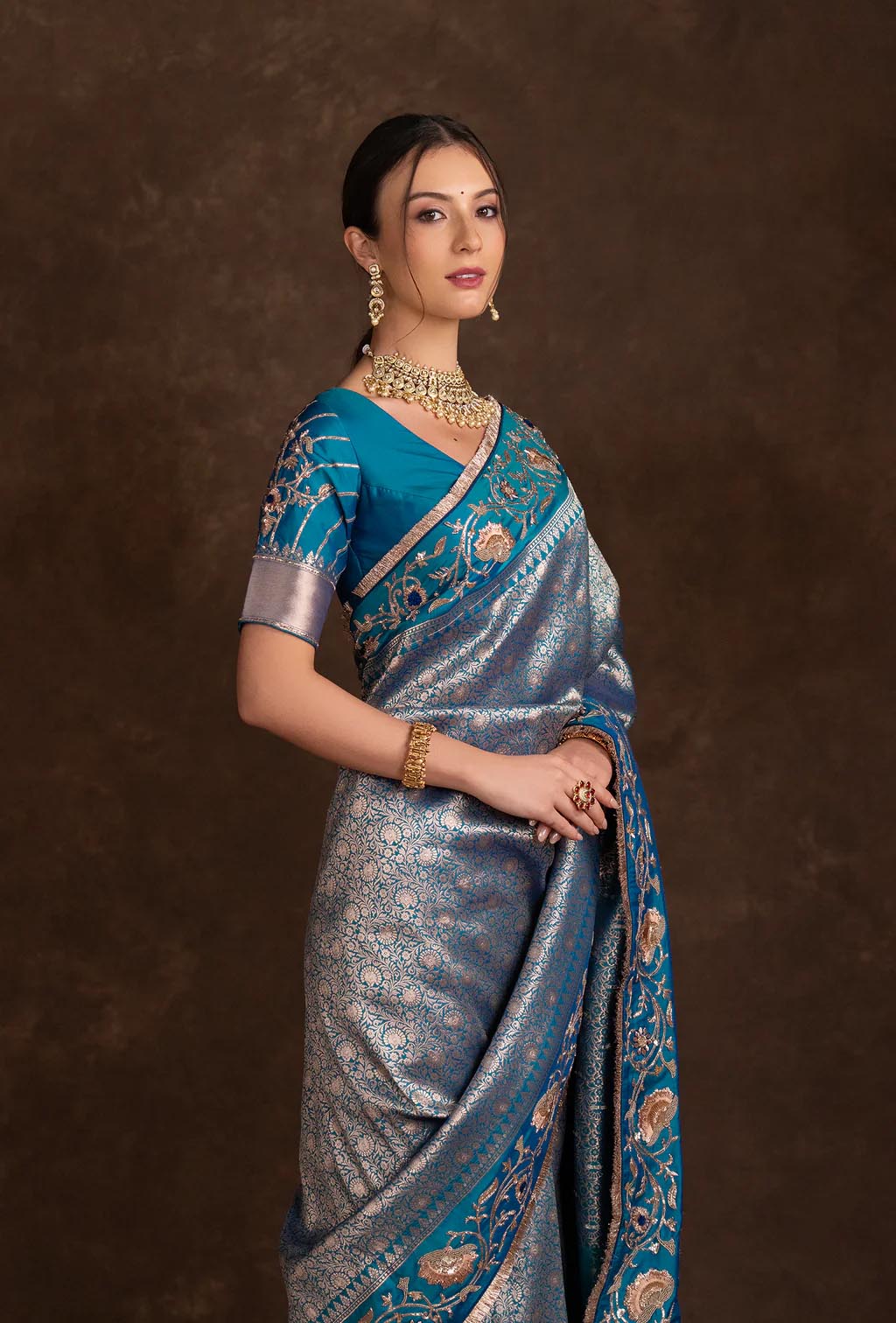 Handcrafted Peacock Blue Unstitched Blouse with Bridal Silk Saree in Resham & Zardozi Work