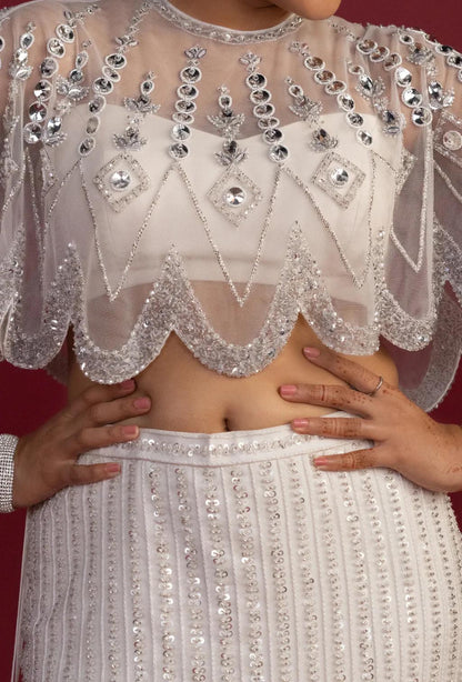 Elora White Fishcut Ruffled Lehenga with Crystal Cape
