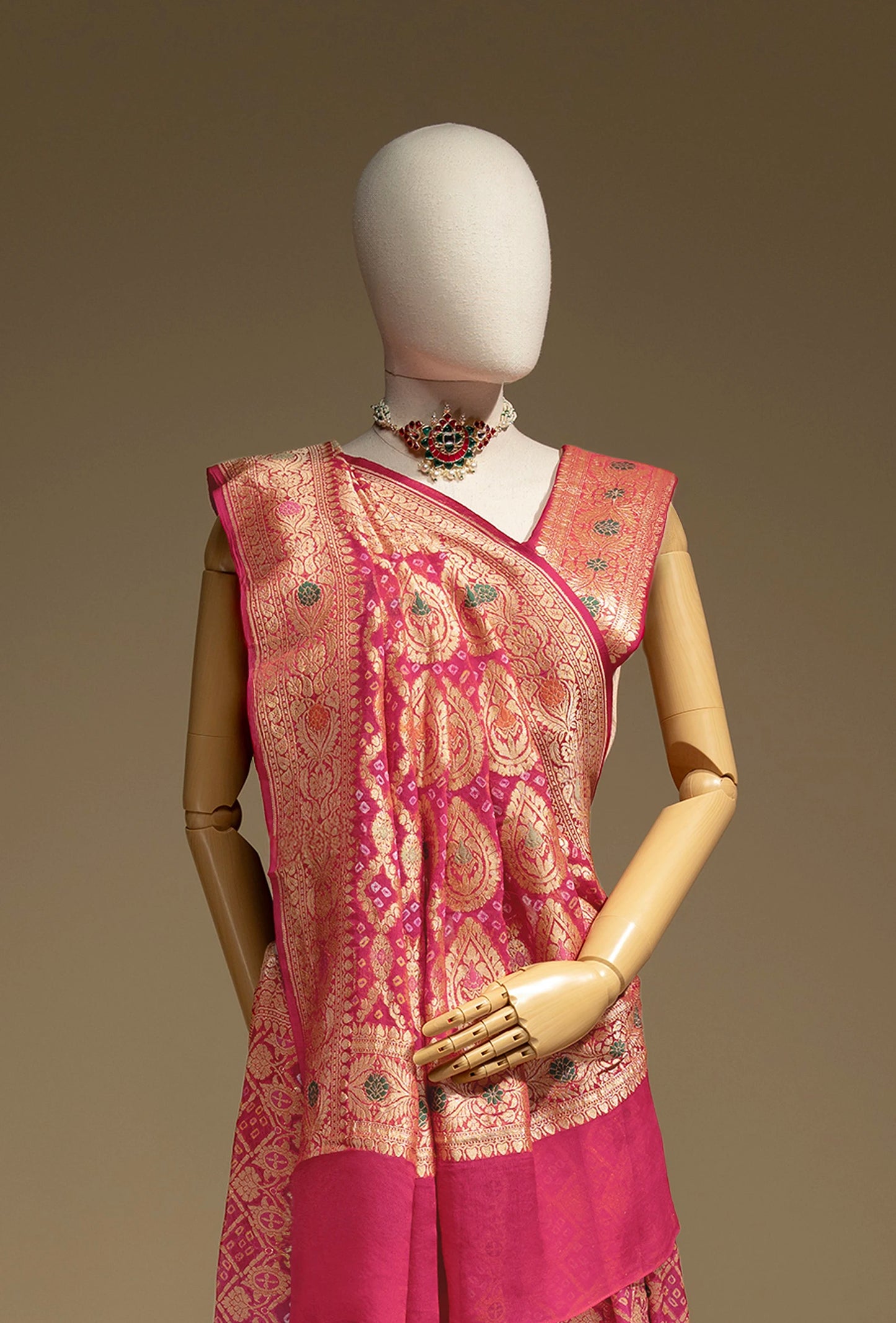 Bandhani Saree In Rani Pink With Tilfi & Gyasar Work